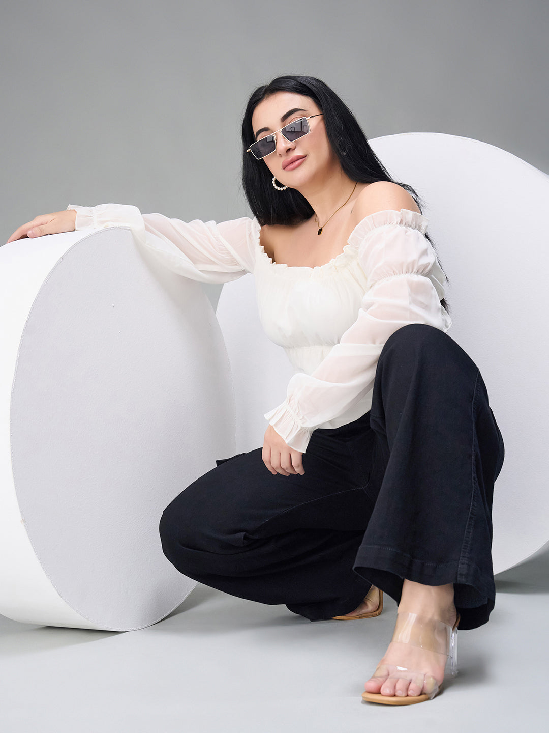 24/7 Comfort Black Wide-Leg High-Rise Stretchable Denim Cargo Jeans for Women