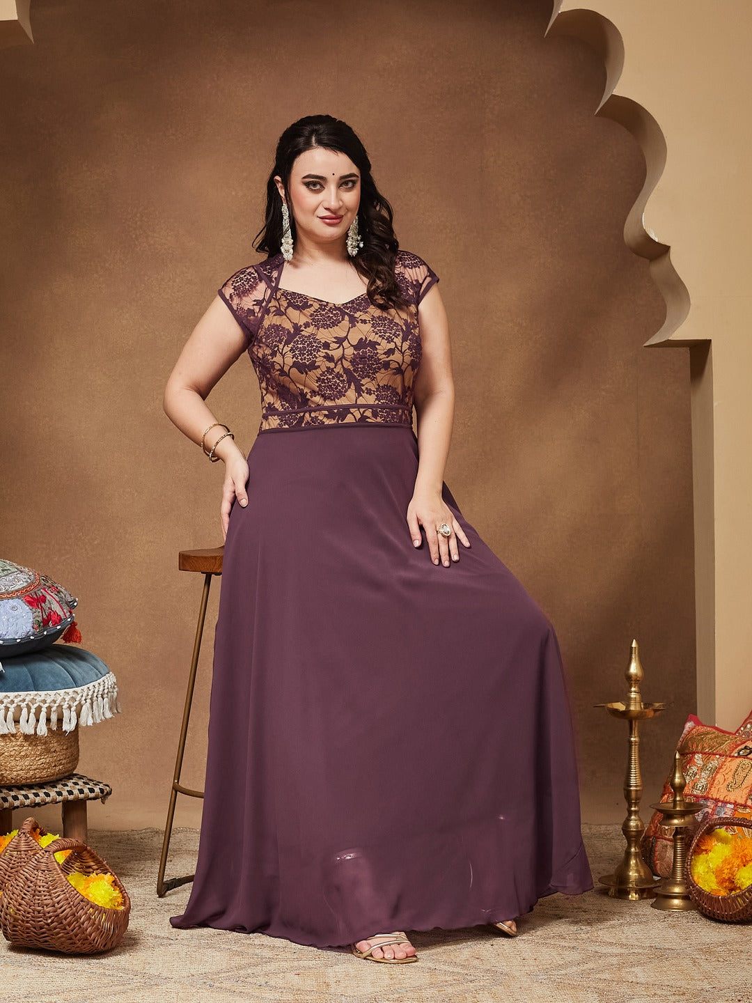 Mauve Sweetheart-Neck Raglan-Sleeve Self-Designed Fit & Flare Georgette Maxi Dress for Women