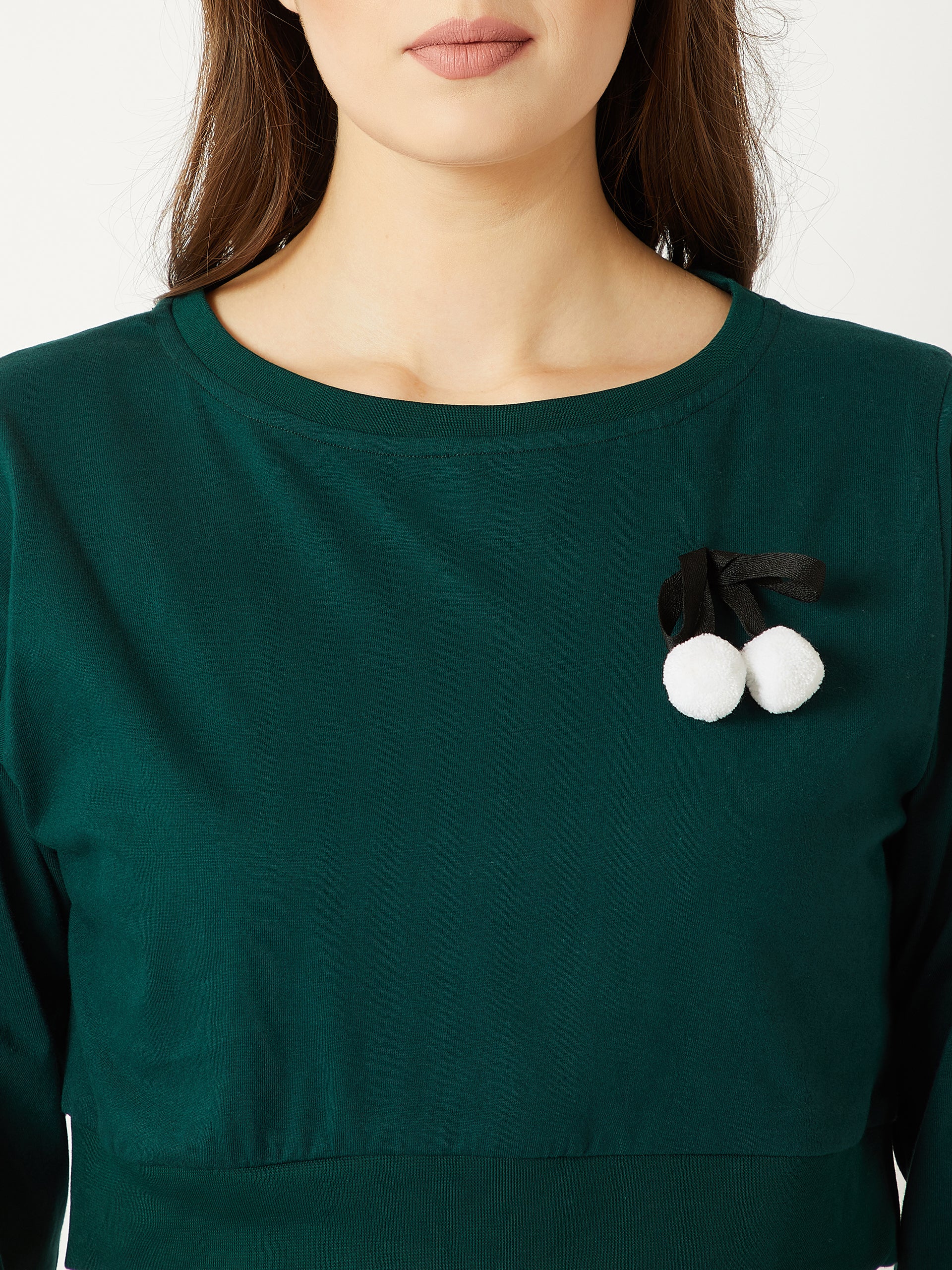 Women's Green Round Neck Full Sleeve Cotton Solid Pompom And Twill Tape Detailing Boxy Crop Top