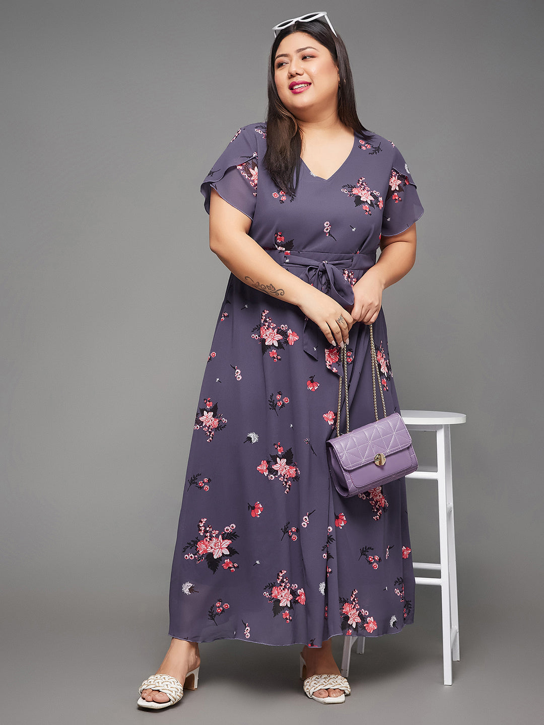 Body Bliss Multicolored Base Lavender Floral Pleated Midi Dress for Women