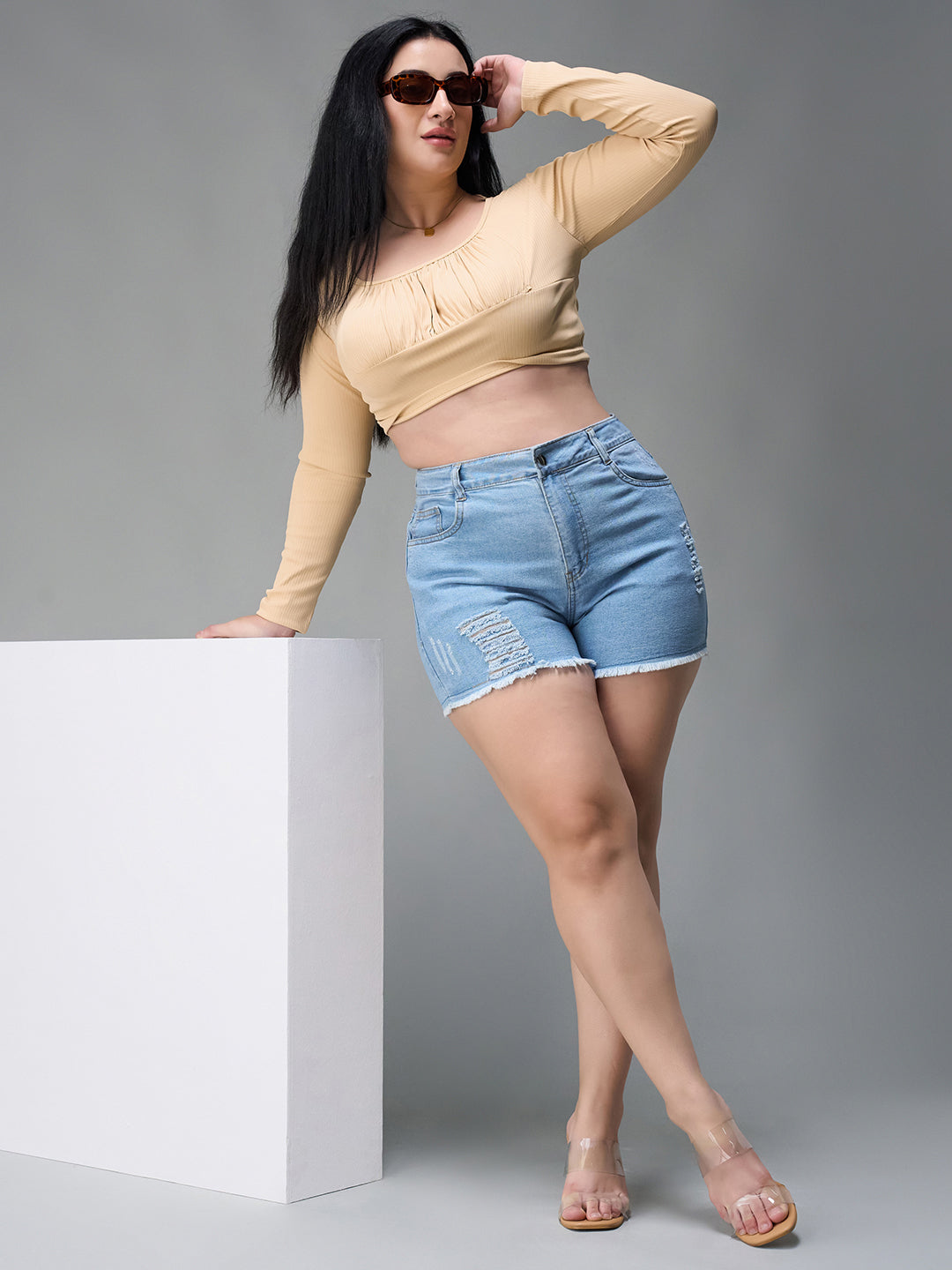 Blue denim shorts with a high waist for women