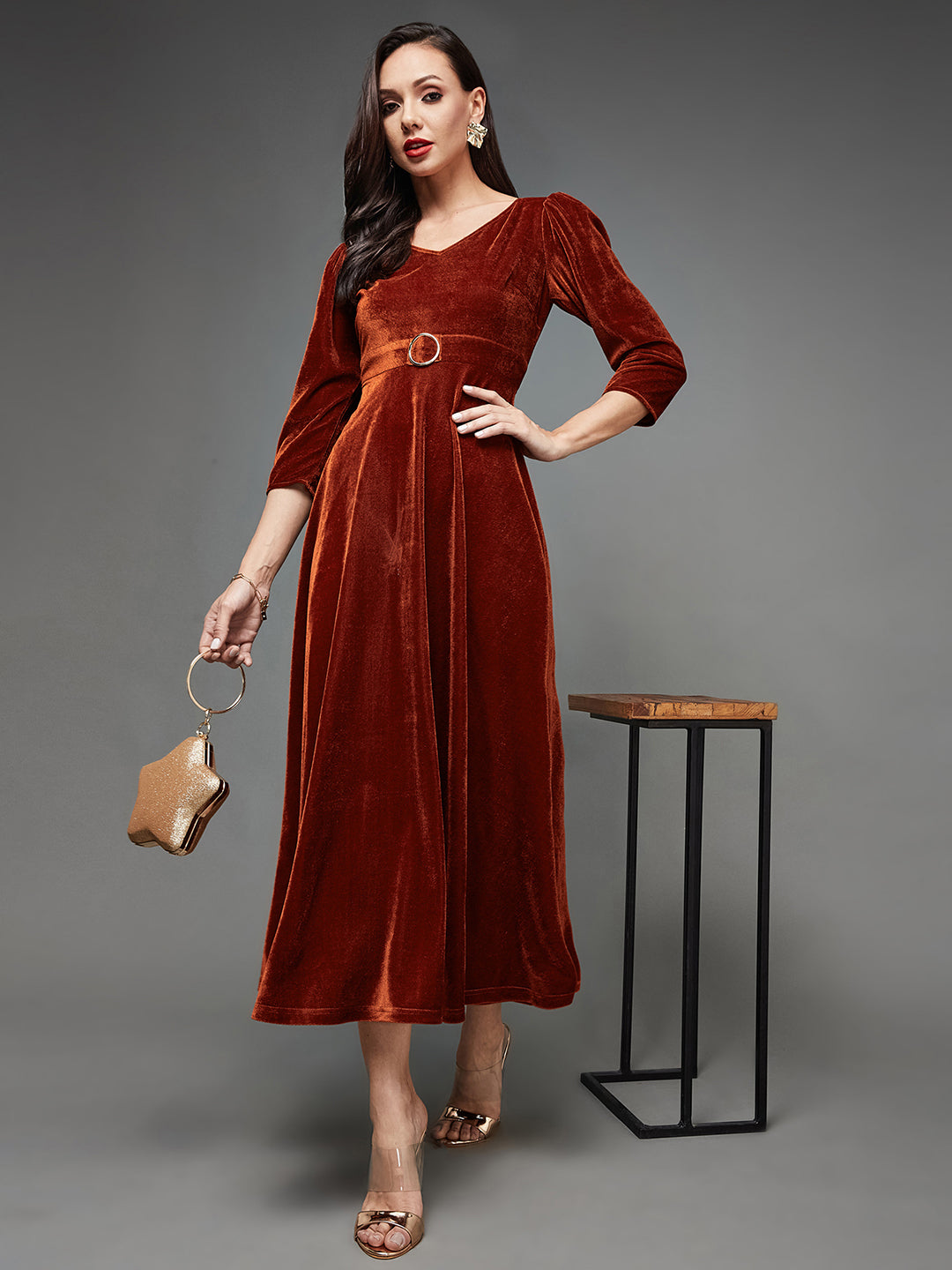 Rust V-Neck Three-Quarter Sleeve Solid Fit & Flare Midi Velvet Dress for Women
