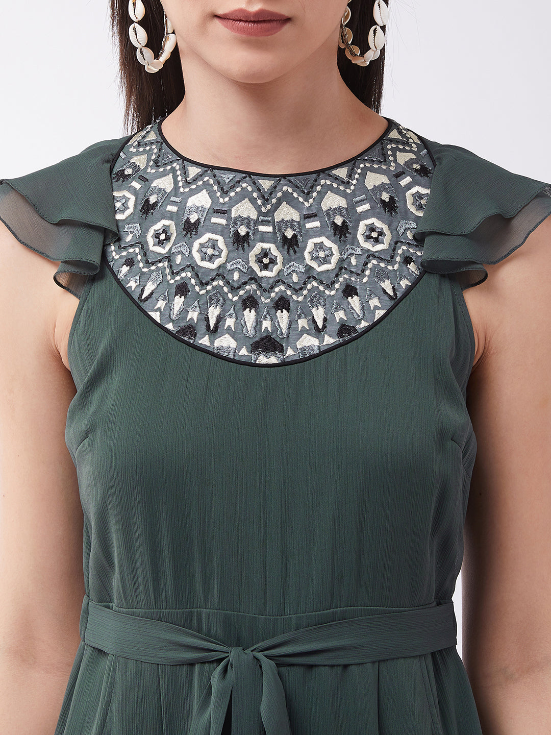 Women's Dark Green Round Neck Ruffled Sleeve Solid Embroidered Regular Jumpsuit