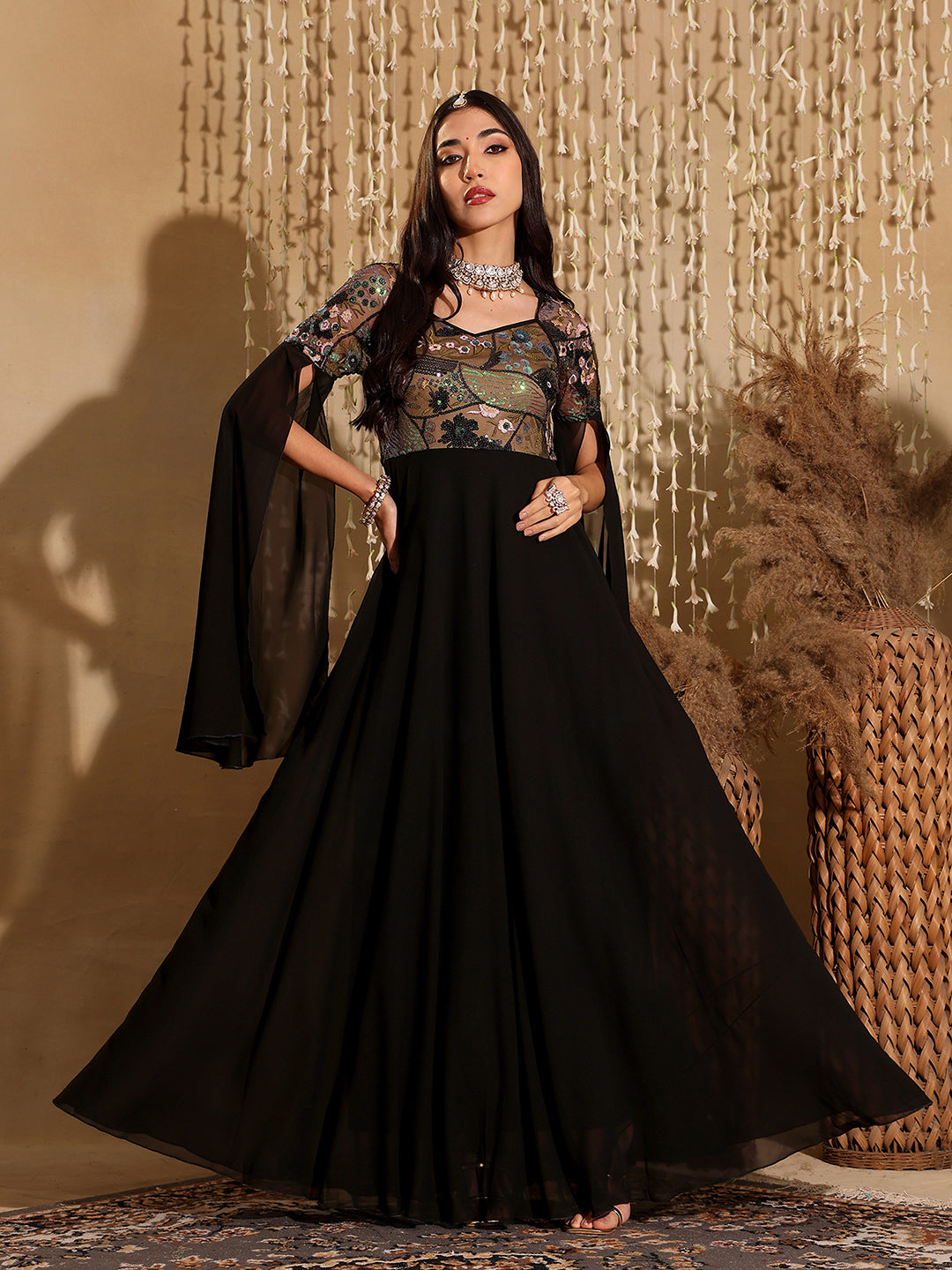 Women's Black Sweet-Heart Full Sleeve Embellished Slit Sleeve Maxi Georgette Dress