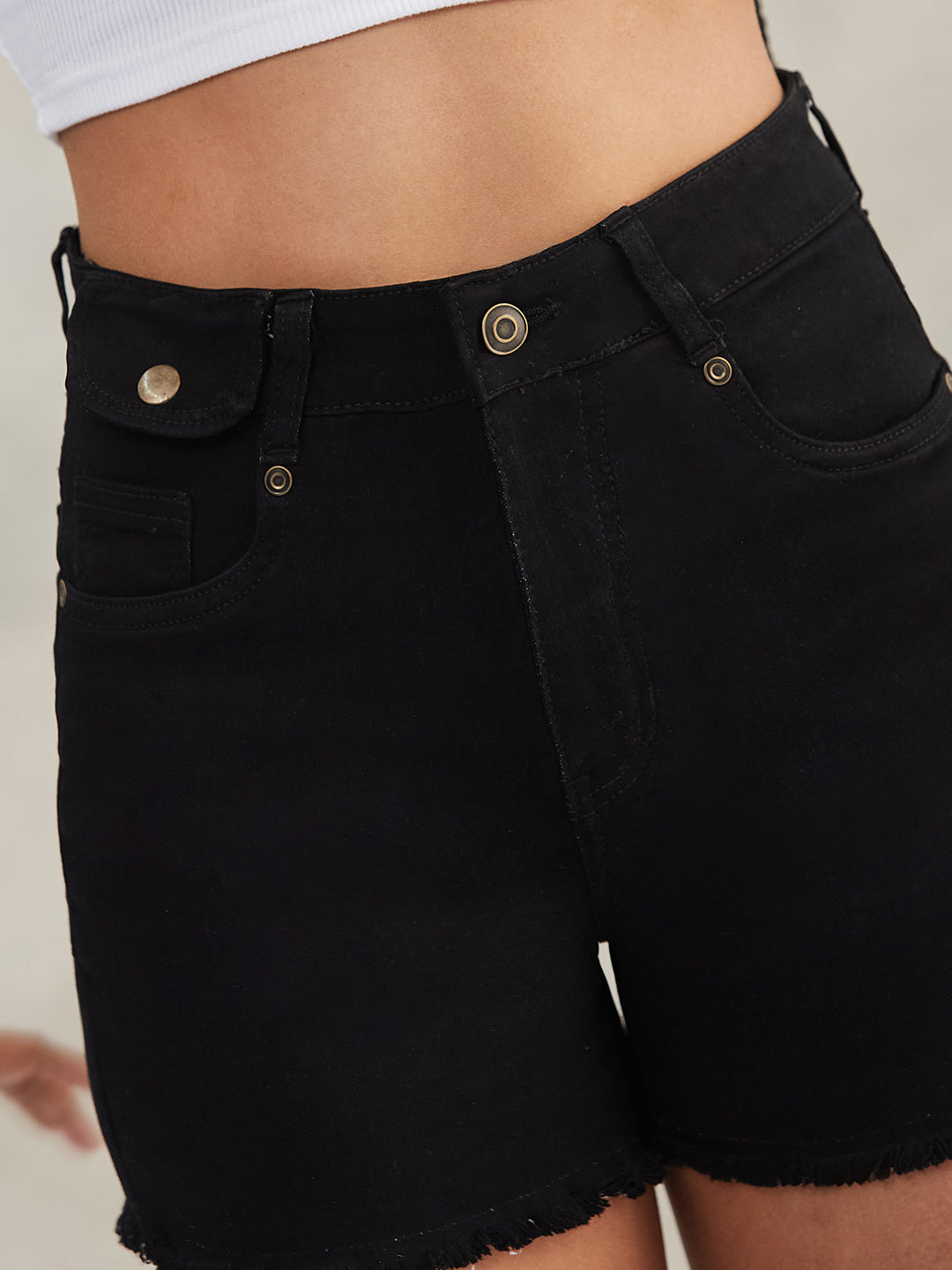 Women's Black Relaxed-Fit High-Rise Stretchable Denim Shorts