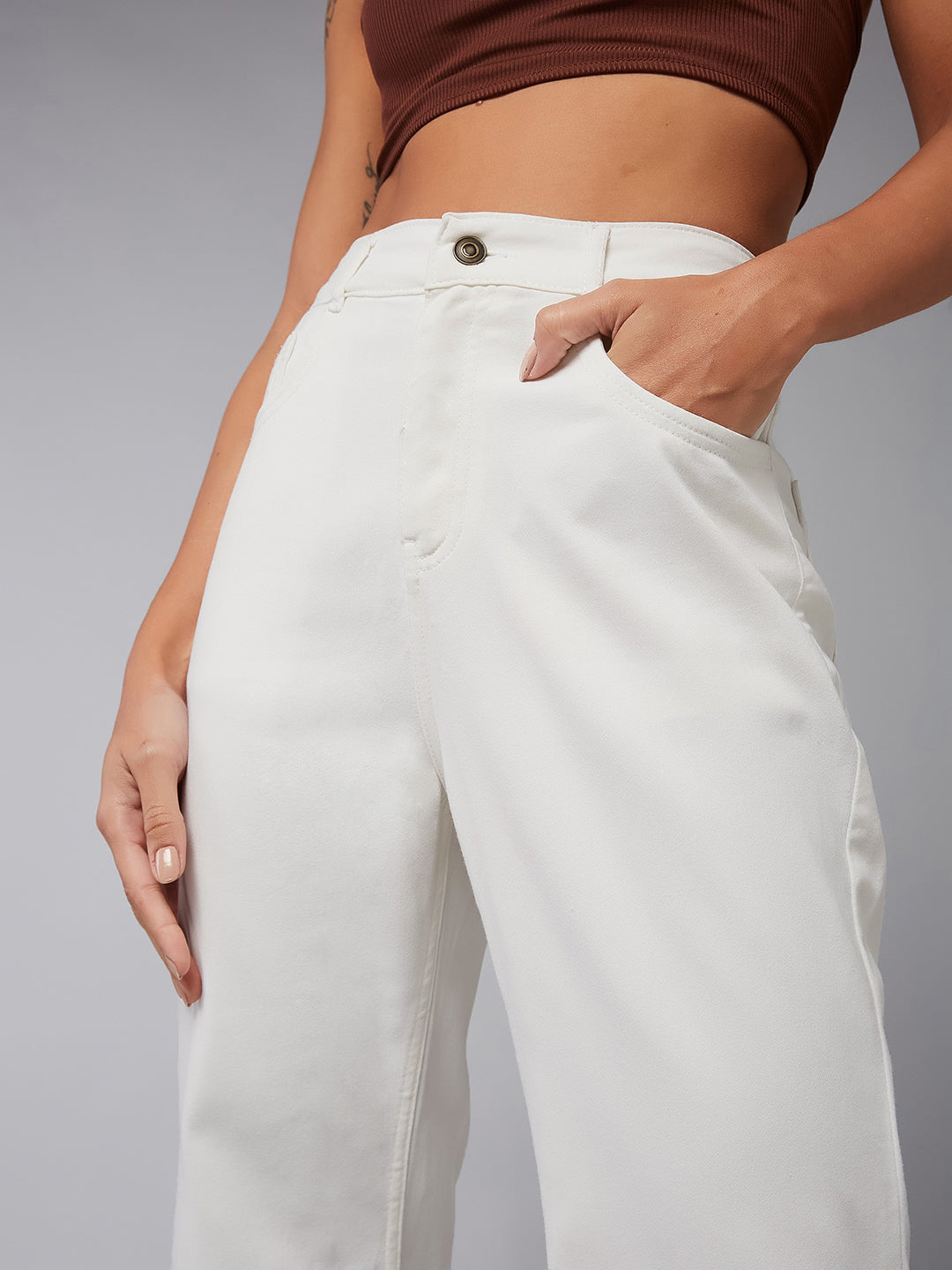 White Bootcut High-Rise Clean-Look Regular Stretchable Denim Jeans for Women