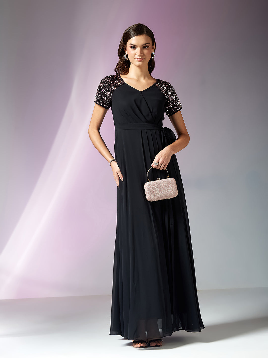 Black Half Sleeves Sequinned Fit and Flare Maxi Dress for Women
