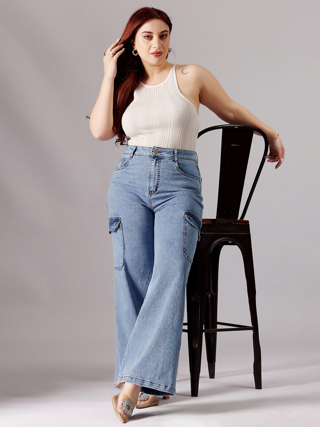24/7 Comfort Blue Wide-Leg High-Rise Heavy Wash Regular-Length Stretchable Cargo Denim Jeans