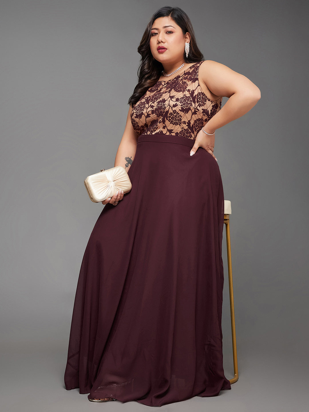 Beige & Wine Round Neck Sleeveless Georgette Floral Lace Fit & Flare Maxi Dress for Women