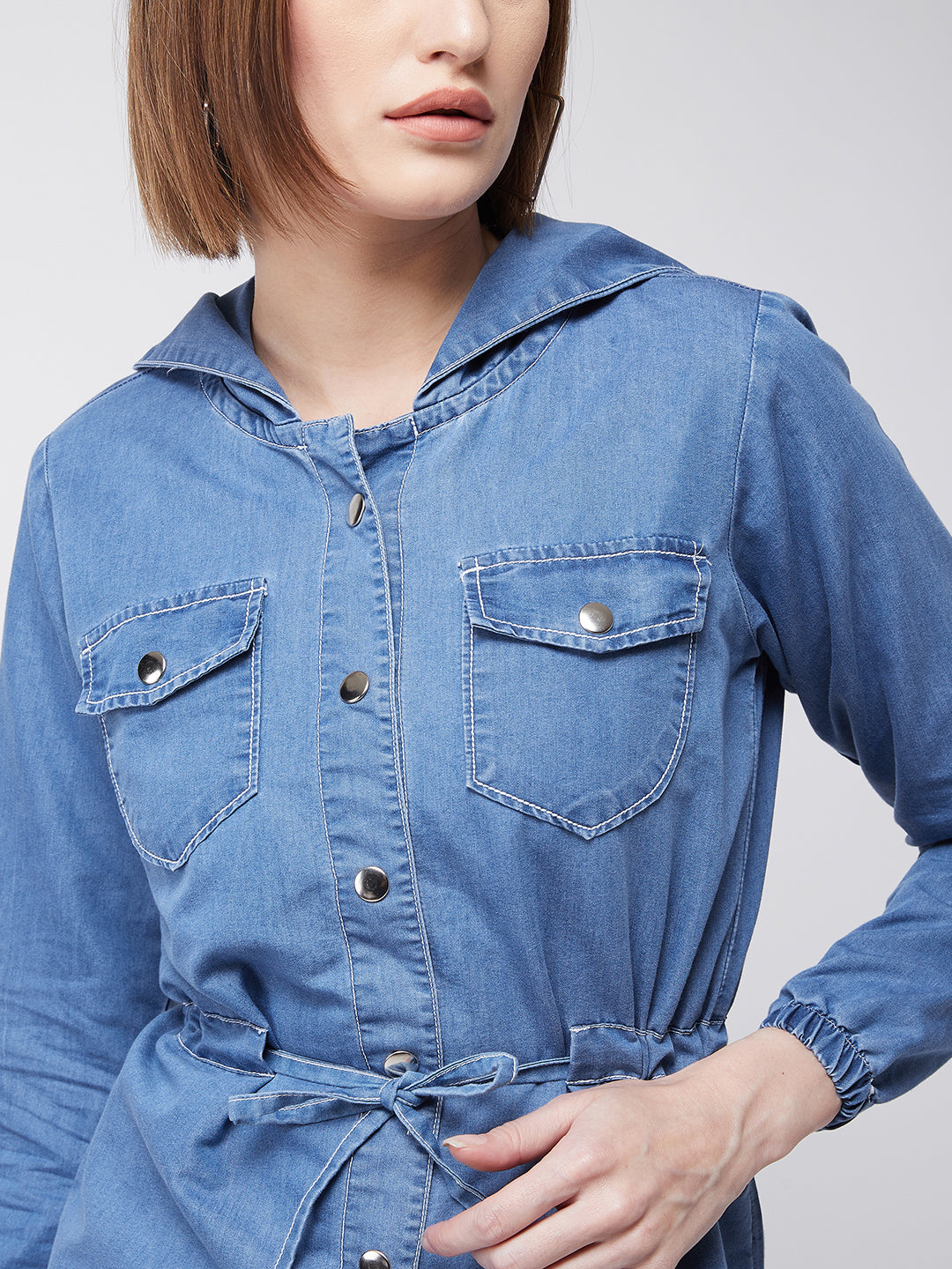 Light-Blue Round Neck Full Sleeve Solid hoody with tie-up Long Denim Jacket for Women