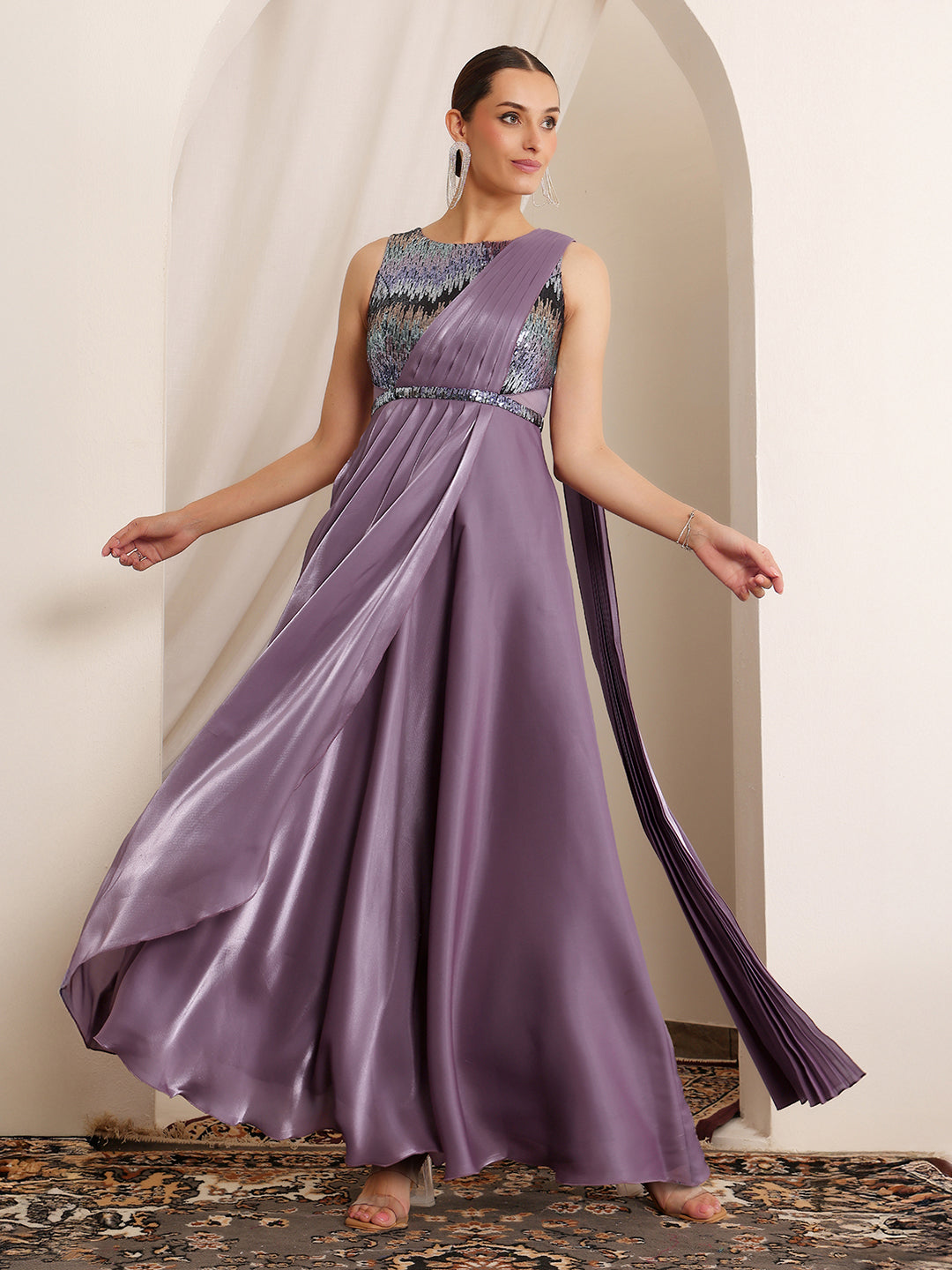 Women's Dusty Purple Round Neck Sleeveless Embellished Layered Satin Maxi Dress