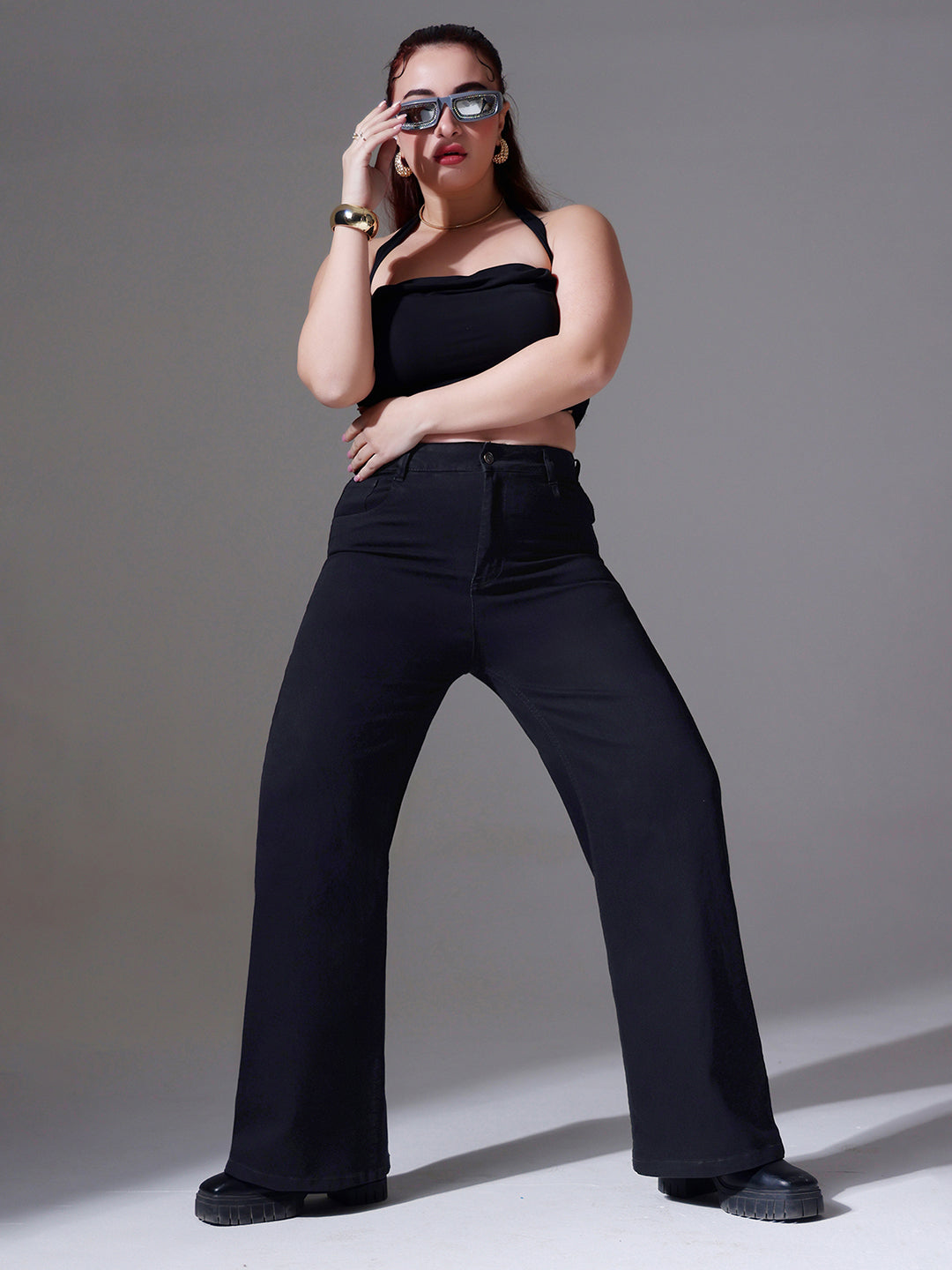 Women's Black Wide-Leg High-Rise Clean-Look Stretchable Denim Jeans