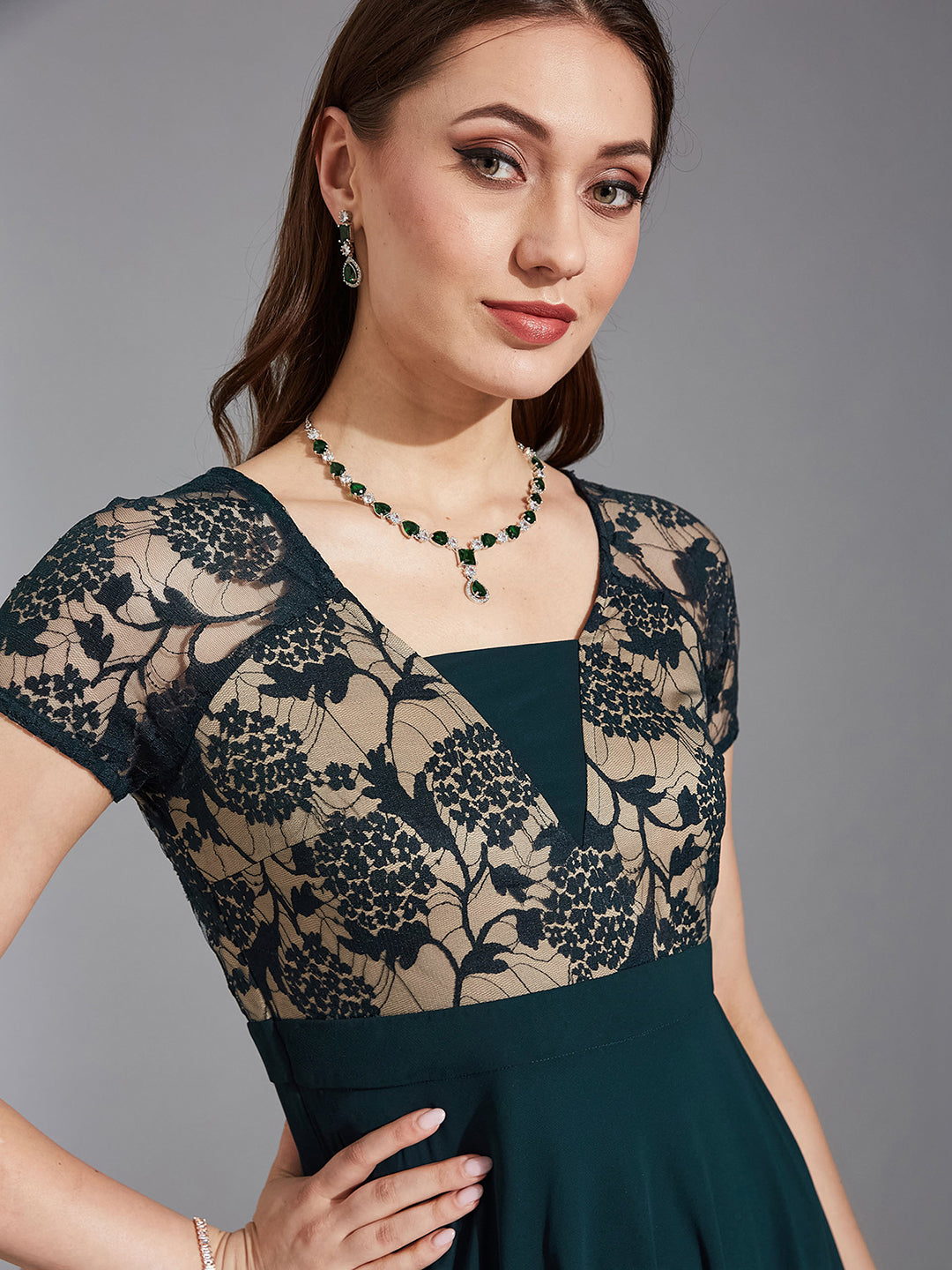 Women's Teal Square Neck Raglan Short Sleeve Self Design Lace Overlaid Georgette Maxi Dress