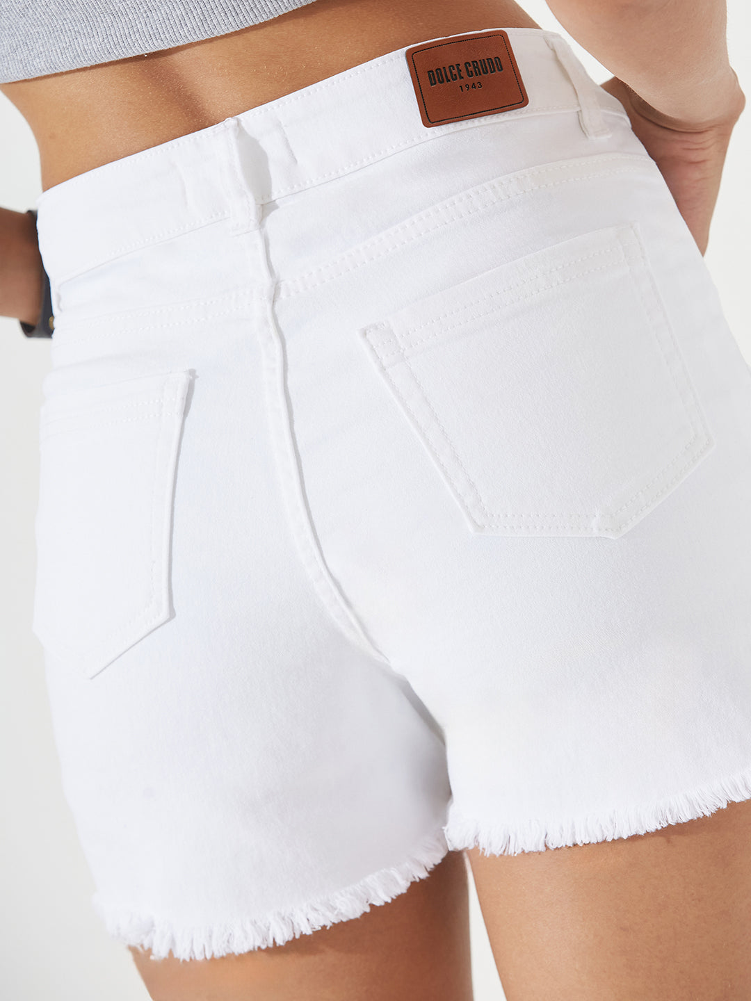 White High-Rise Stretchable Denim Shorts for Women