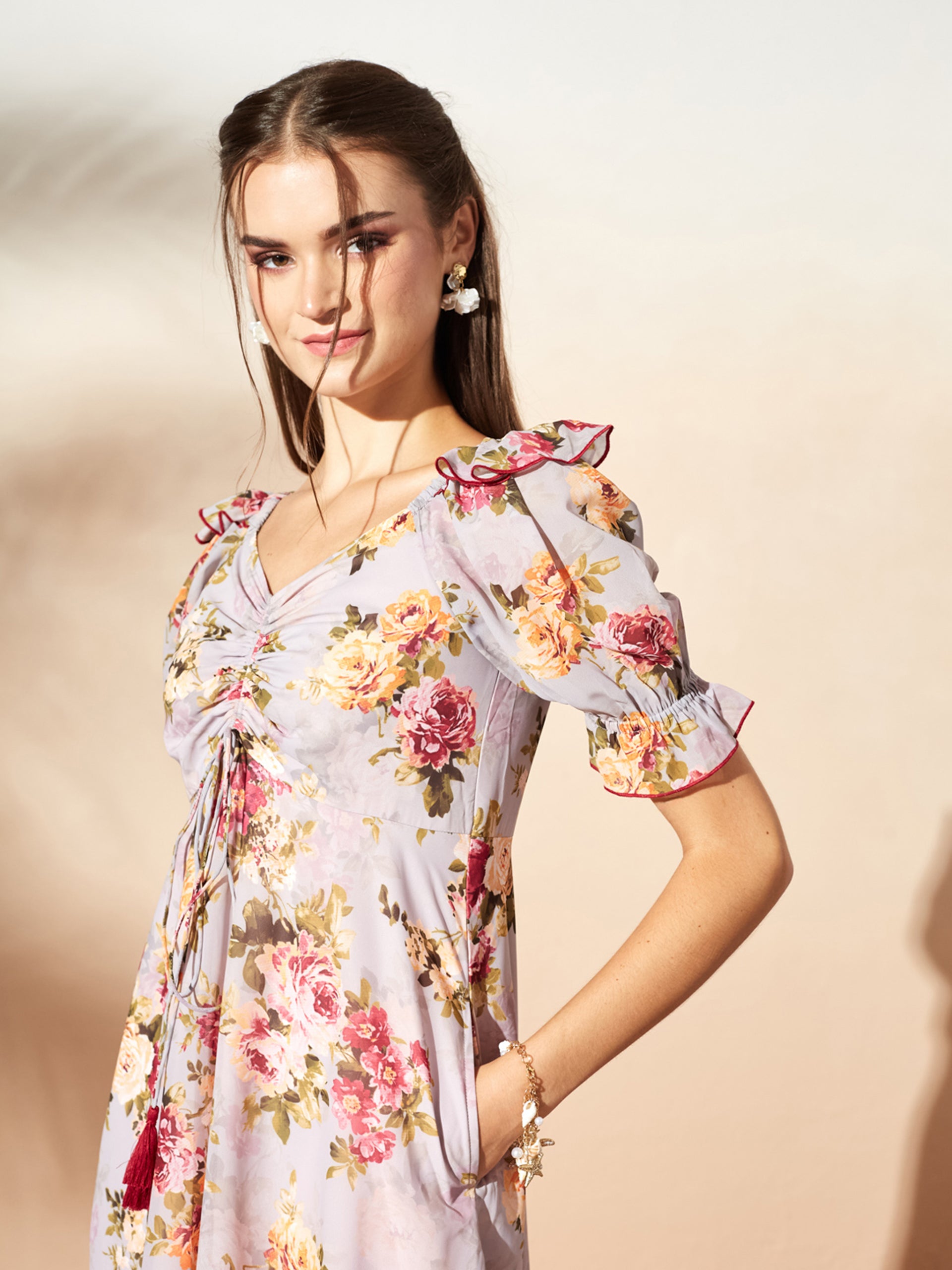 Grey Multicoloured Floral Printed Puff Sleeves Sweetheart Neck Fit and Flare Maxi Dress for Women