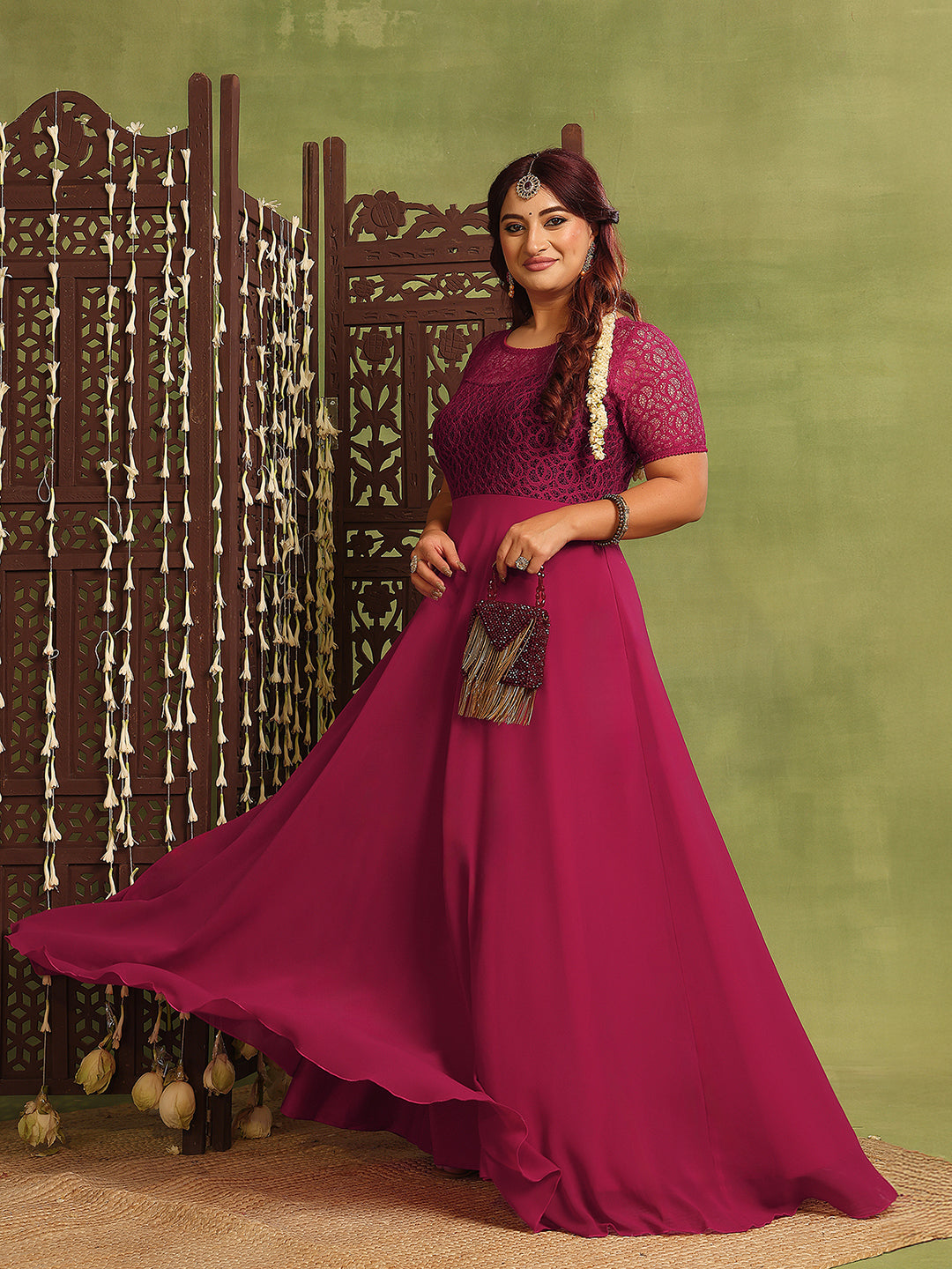 Dark Pink Short Sleeves Lace Fit and Flare Maxi Dress for Women