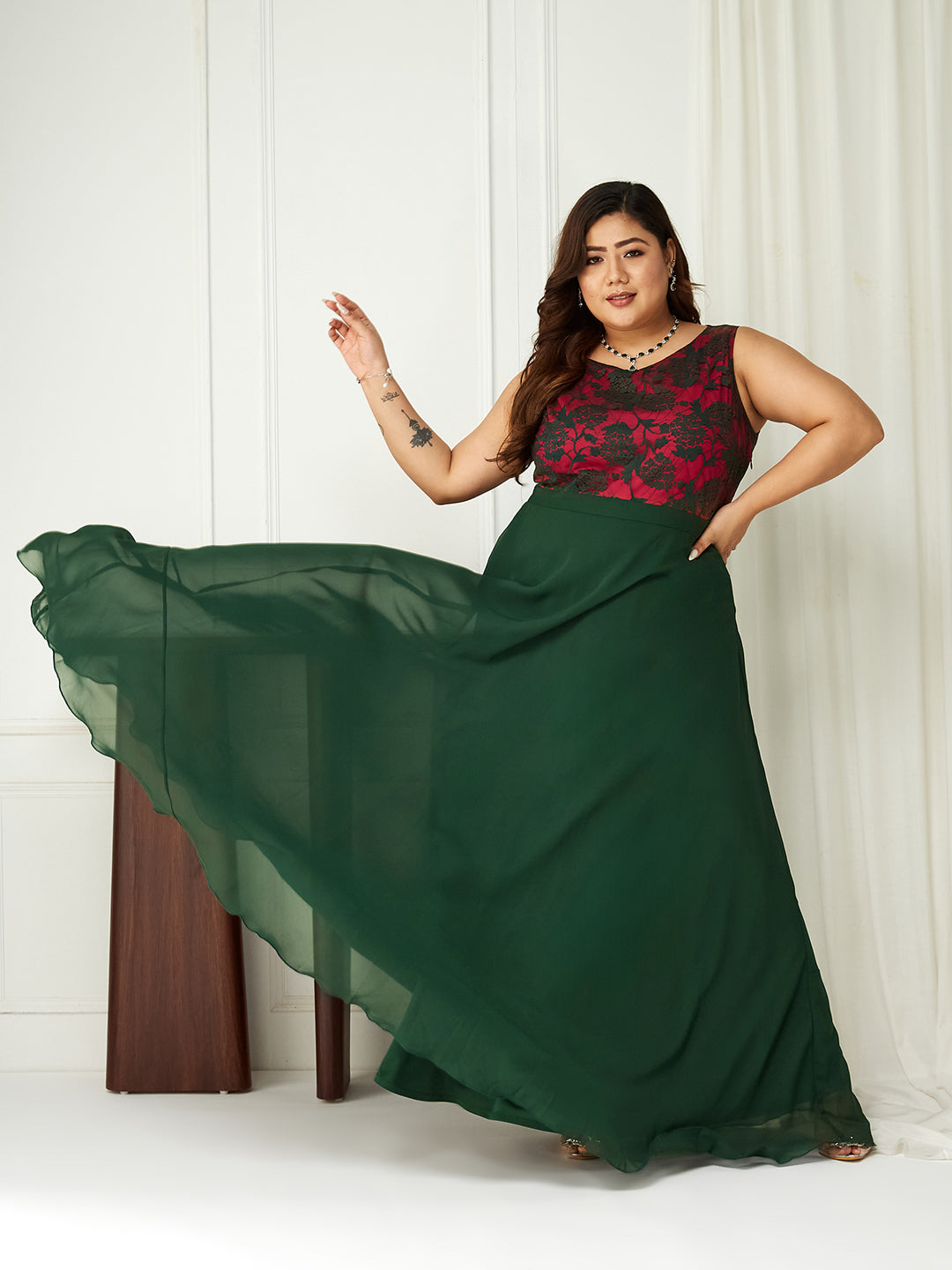 Body Bliss Dark Green Lace Fit & Flare Maxi Dress