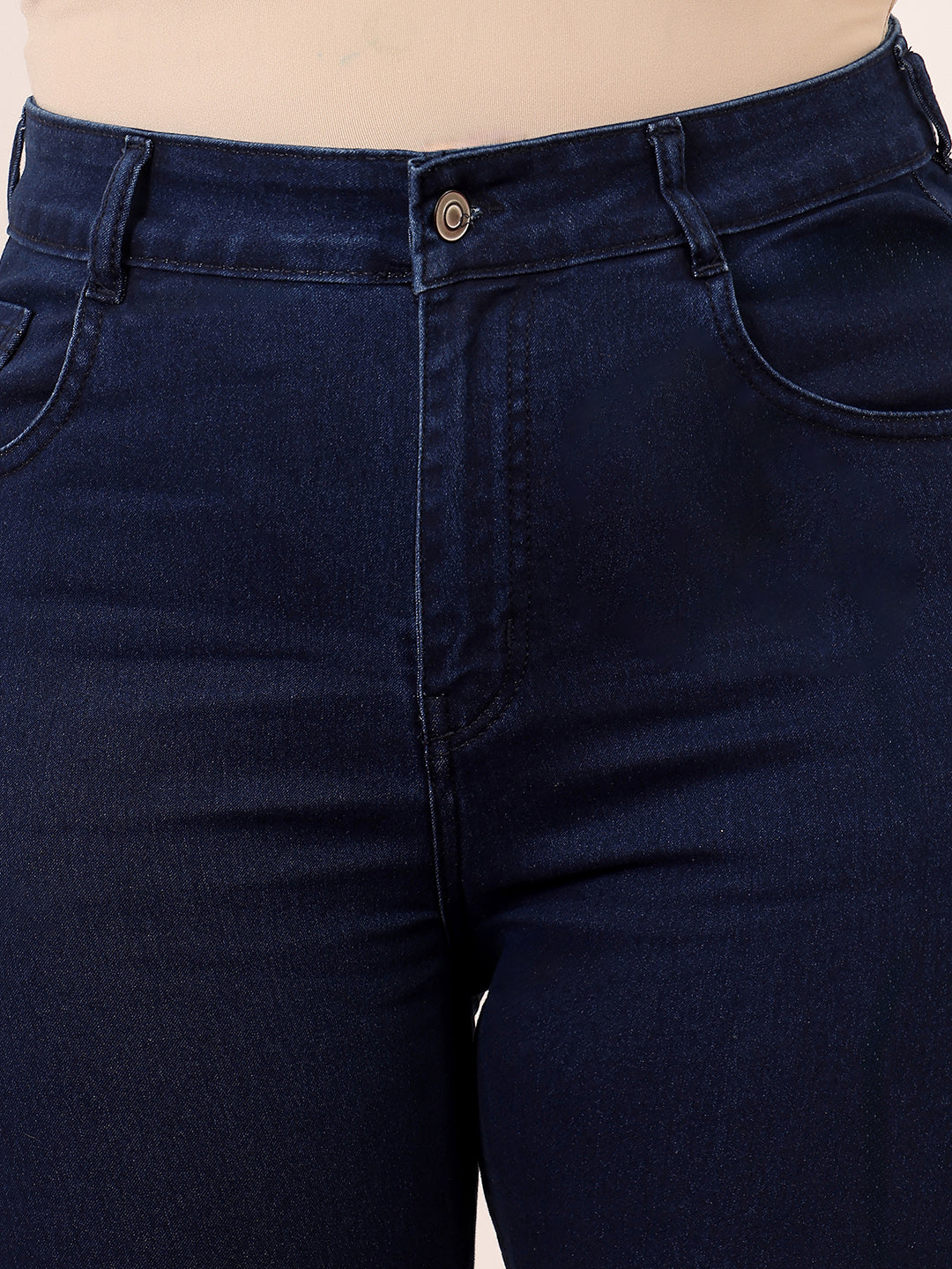Women's Navy Blue Skinny High-Rise Solid Clean-Look Cropped Fringed-Hemline Stretchable Denim Jeans