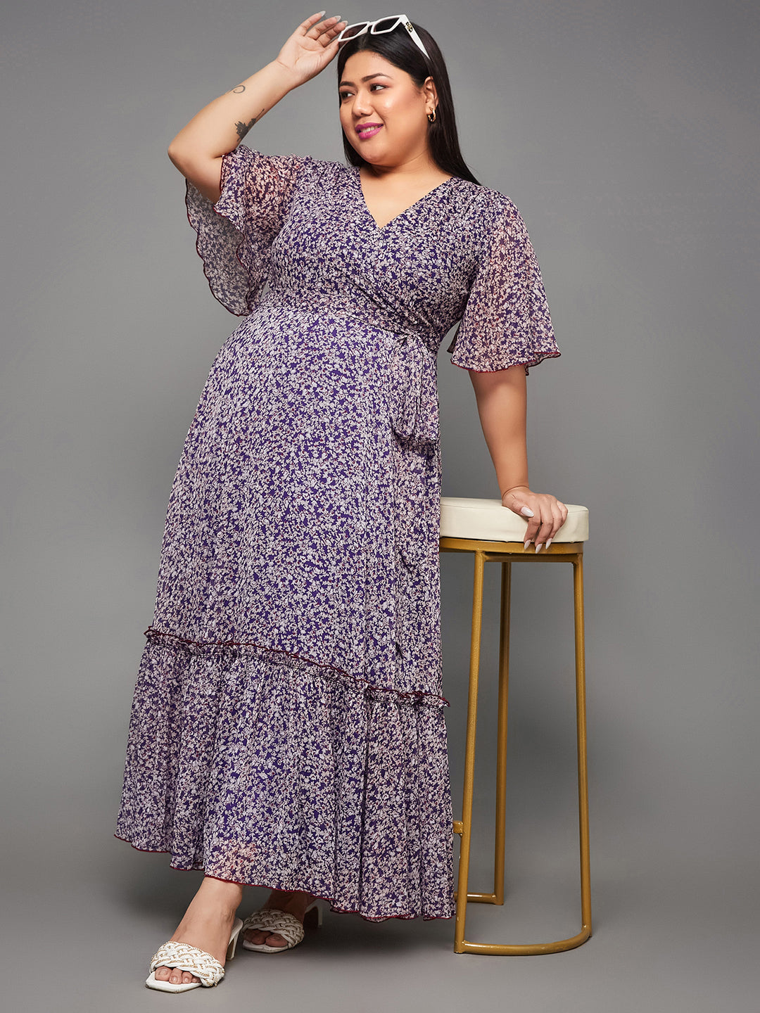 Body Bliss Multicolored-Base-Purple Floral Wrap Chiffon Maxi Dress