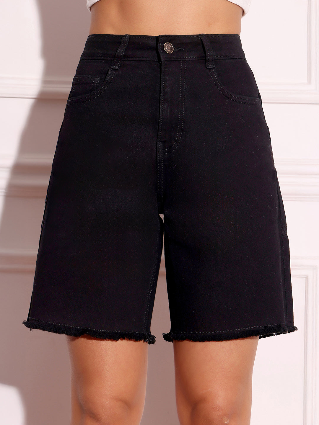 Women's Black High-Rise Above Knee Stretchable Denim Shorts