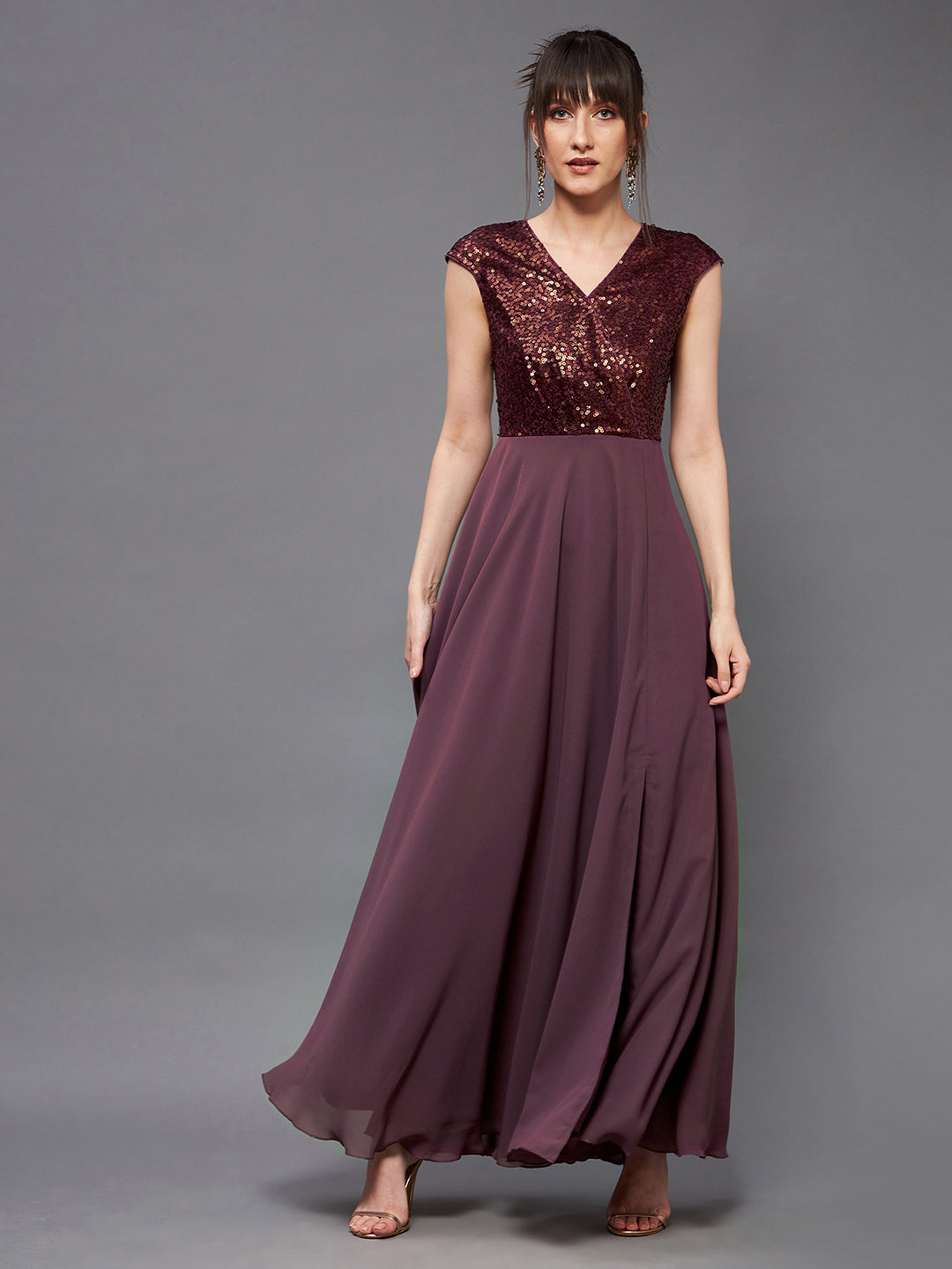Women's Mauve & Wine V-Neck Sleeveless Embellished Wrap Maxi Dress