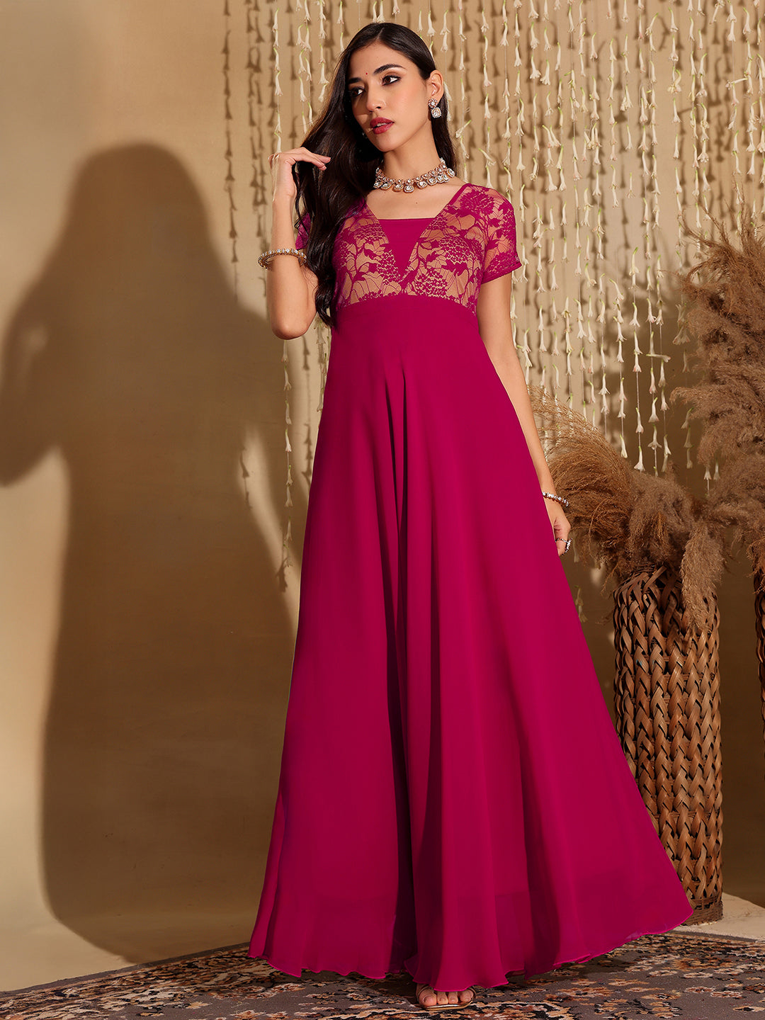 Women's Dark Pink Square Neck Raglan Short Sleeve Self Design Lace Overlaid Georgette Maxi Dress