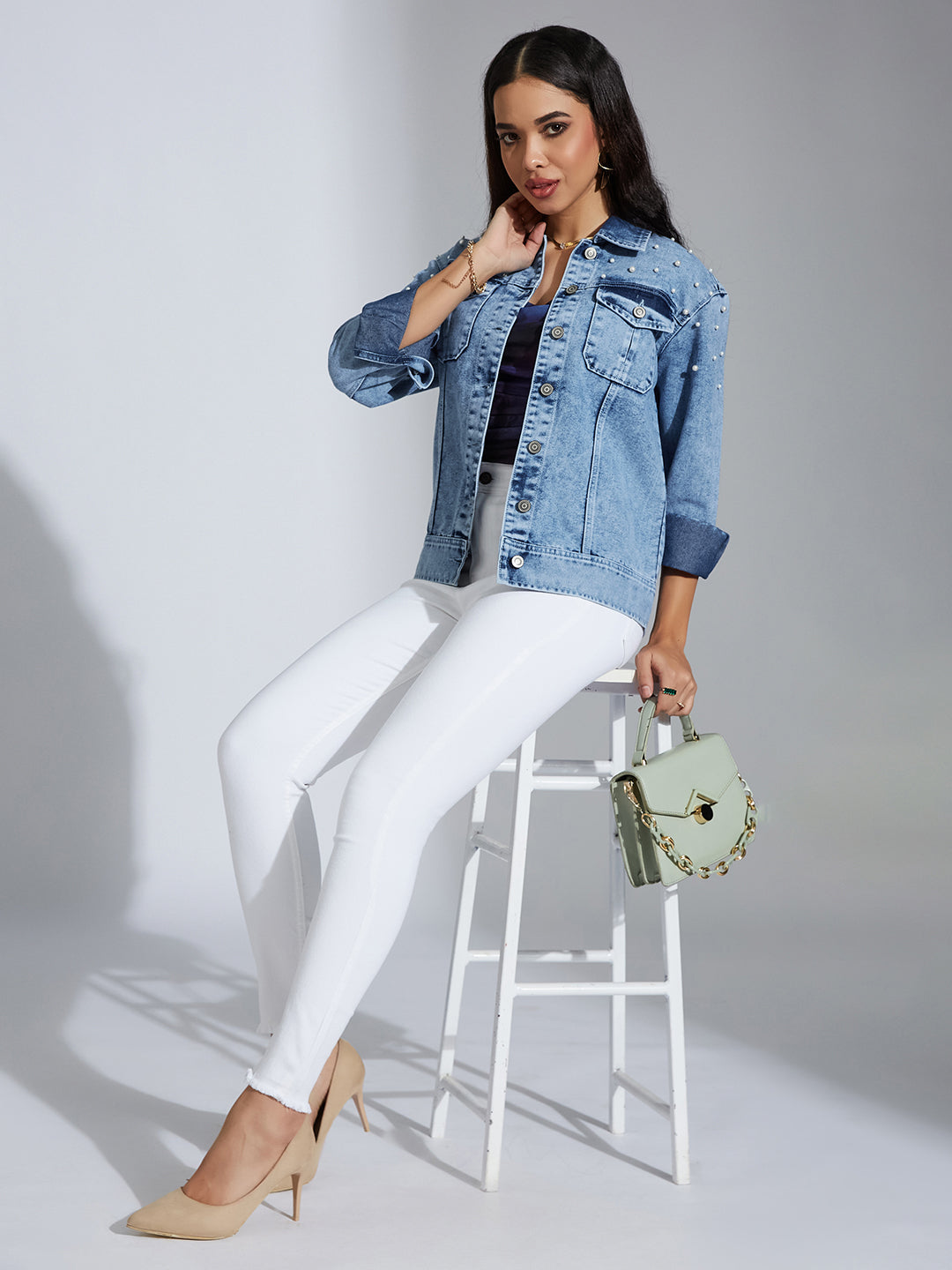 Women's Light Blue Full Sleeve Solid Embellished Pearl Denim Jacket
