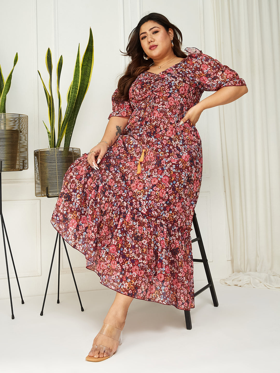 Body Bliss Multicolored-Base-WineFloral Ruching Ankle-Length Dress