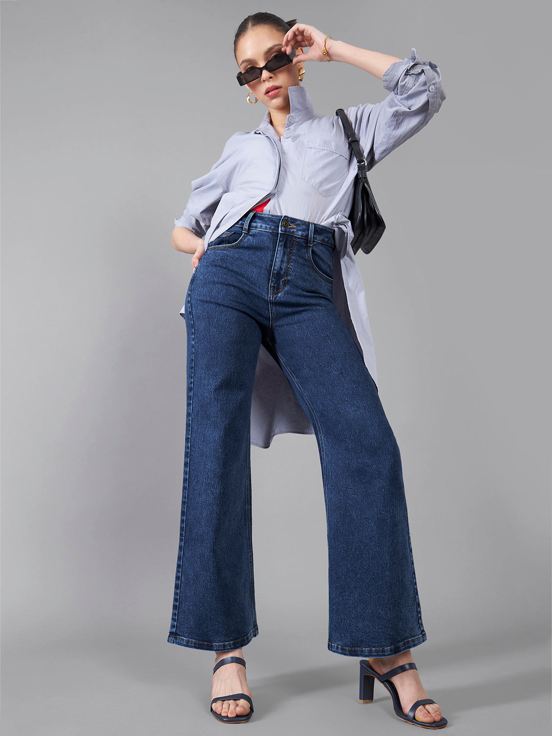 24/7 Comfort Mid-Blue Wide-Leg High-Rise Stretchable Denim Jeans