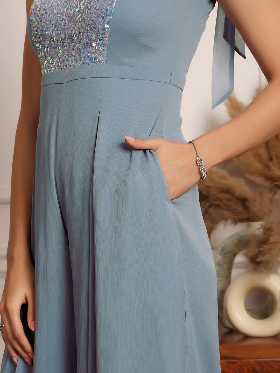 Women's Dusty Blue Square-Neck Sleeveless Embellished Pleated Chiffon Jumpsuit