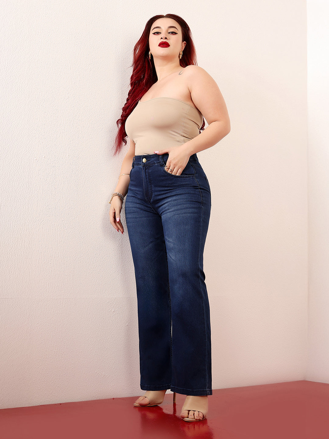 Women's Navy Blue High-Rise Clean-Look Stretchable Bootcut Denim Jeans