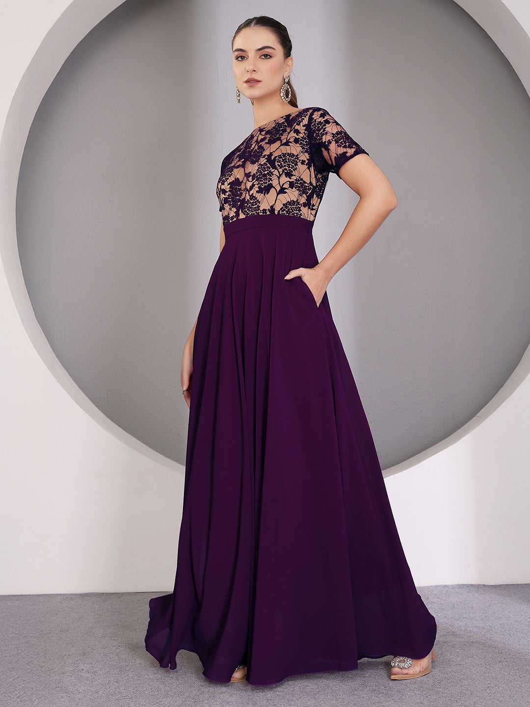 Women's Dark Purple Round Neck Half Sleeve Self Design Fit & Flare Georgette Maxi Dress