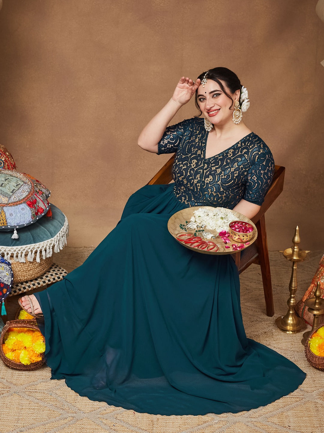 Teal V-Neck Half Sleeve Self Designed Wrap Georgette Maxi Dress for Women