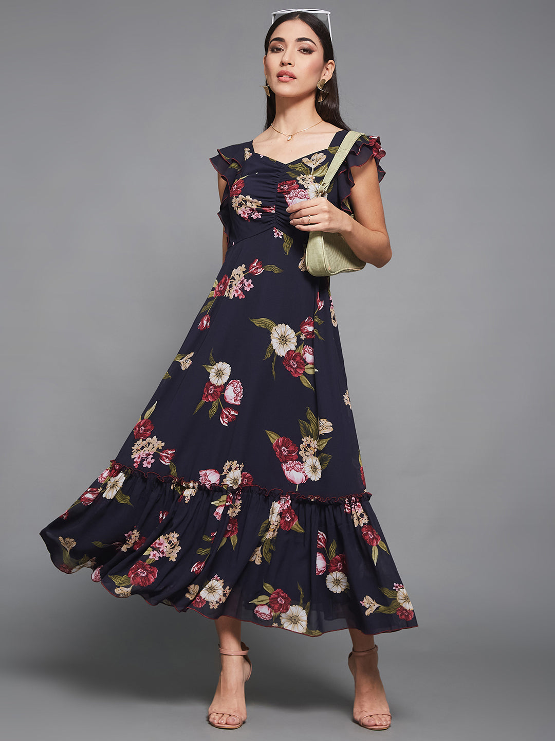Multicolored Base Navy Blue Georgette Floral Maxi Ruching Dress