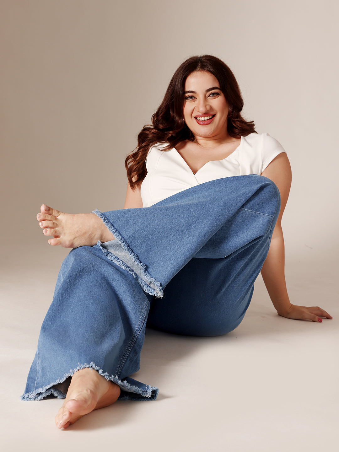 Blue Wide-Leg High-Rise Clean-Look Regular-Length Stretchable Denim Jeans for Women