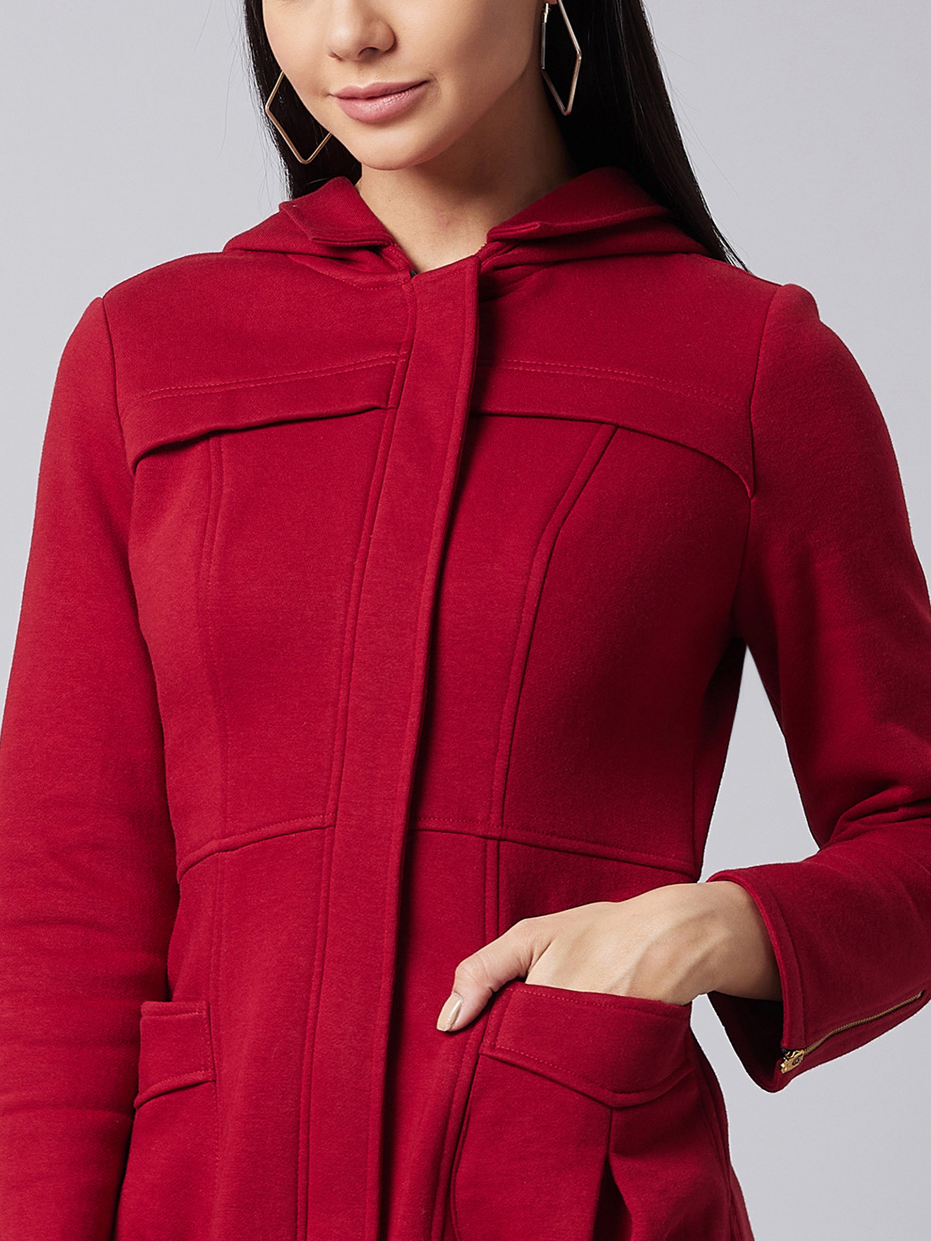 Women's Maroon Hooded Full Sleeve Solid Hooded Longline Jacket