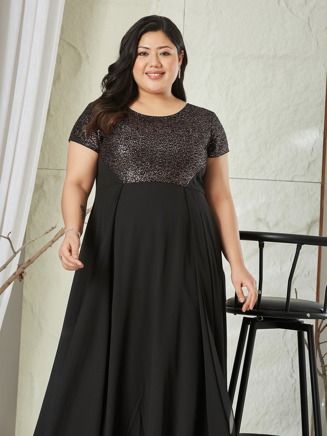 Black Round Neck Short Sleeve Embellished Fit & Flare Maxi Georgette Dress for Women