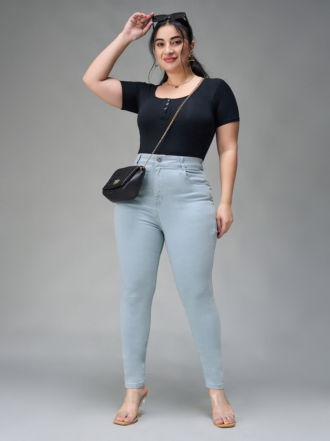 24/7 Comfort Light Blue Skinny Fringed Hemline Detailing High-Rise Cropped Solid Stretchable Denim Jeans