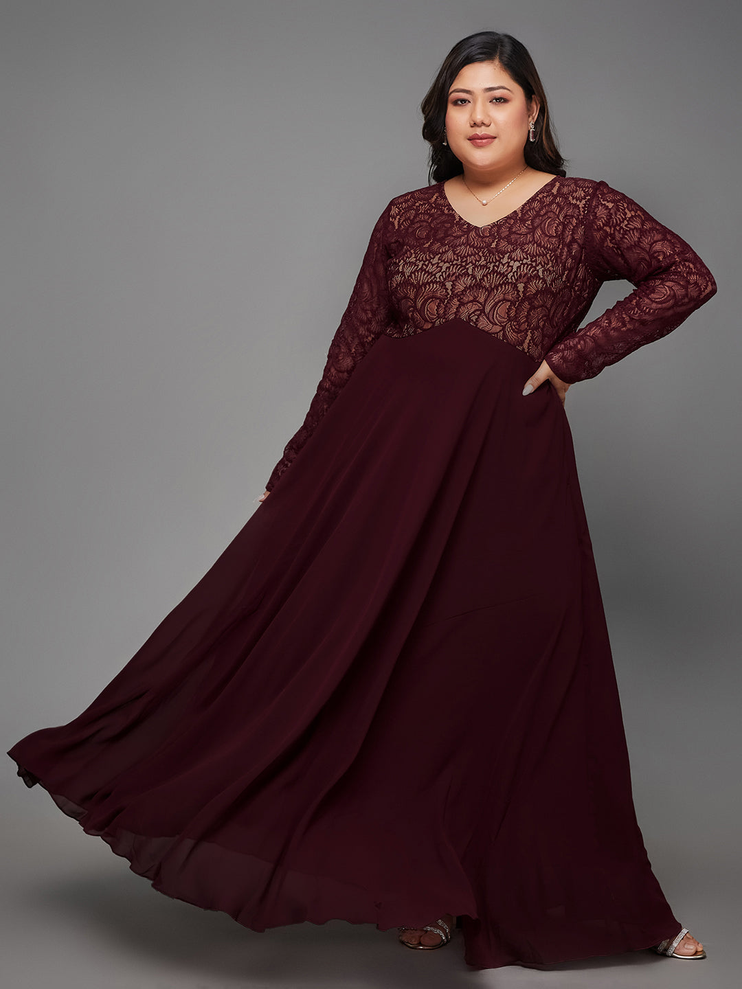 Wine V-Neck Full Sleeve Self Design Lace-Overlaid Georgette Maxi Dress for Women