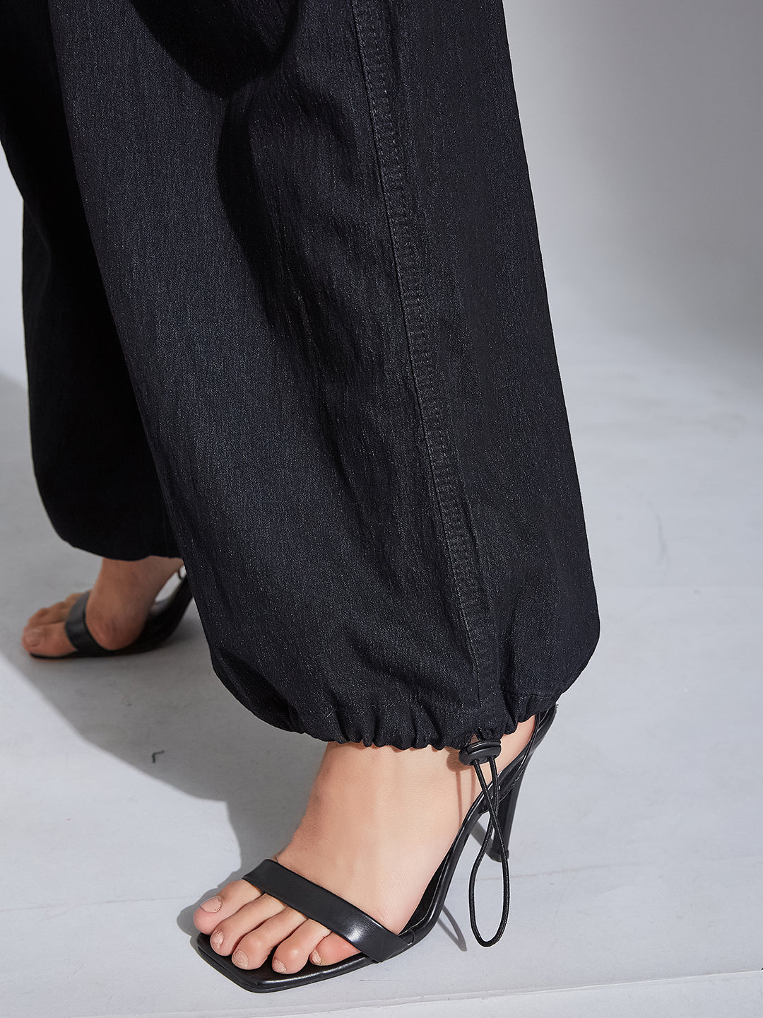 24/7 Comfort Black High-Rise Stretchable Light Weight Denim Cargo Parachute Pants