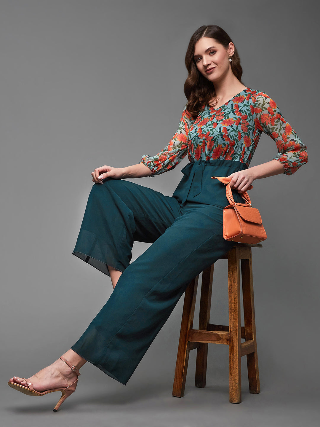 Women's Multicolored-Base-Teal V-Neck Bishop Floral Wide-Leg Georgette Regular Length Jumpsuit