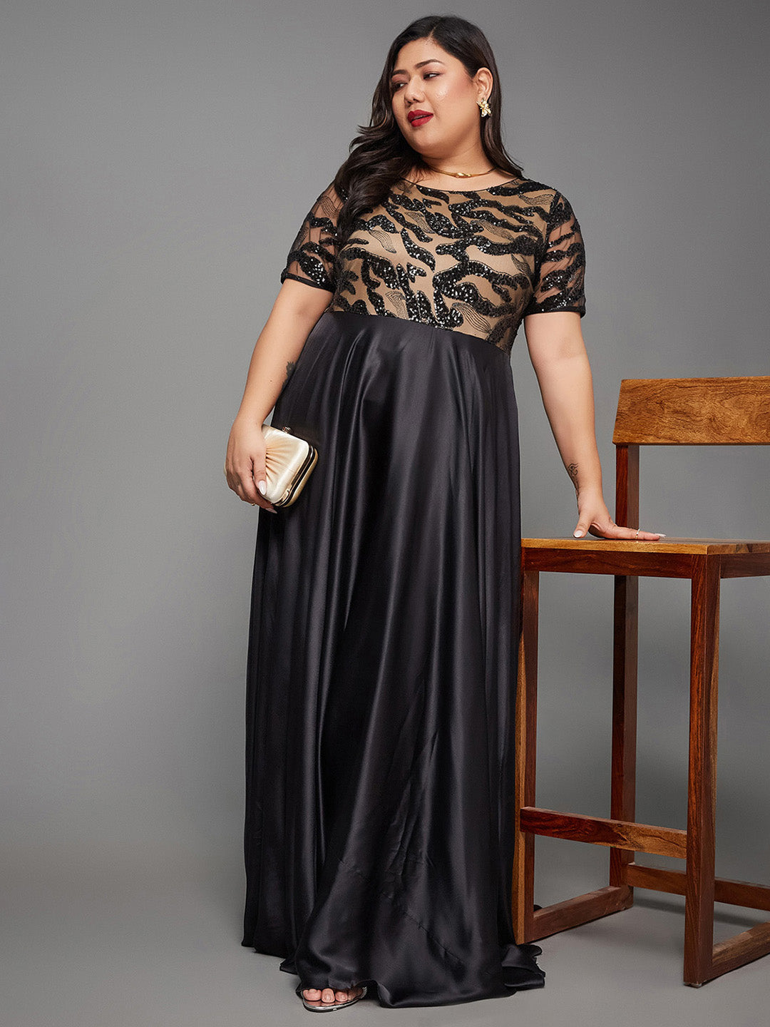 Body Bliss Black Abstract Fit & Flare Satin Maxi Dress