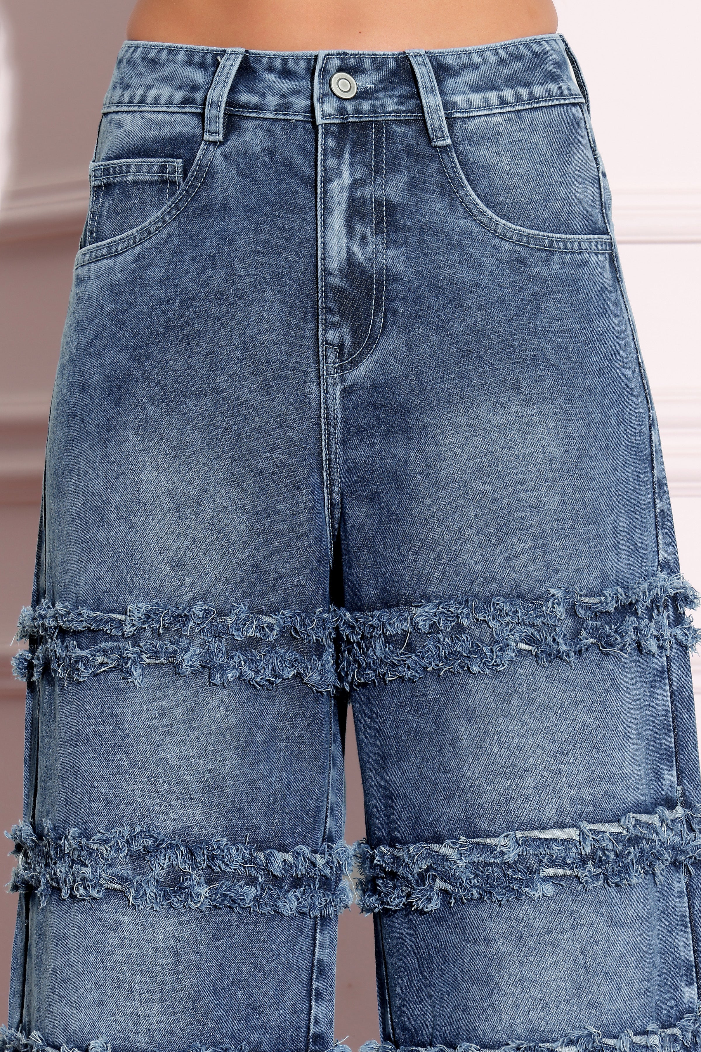 Women's Navy-Blue Wide-Leg High-Rise Highly-Distressed Regular-Length Denim Jeans
