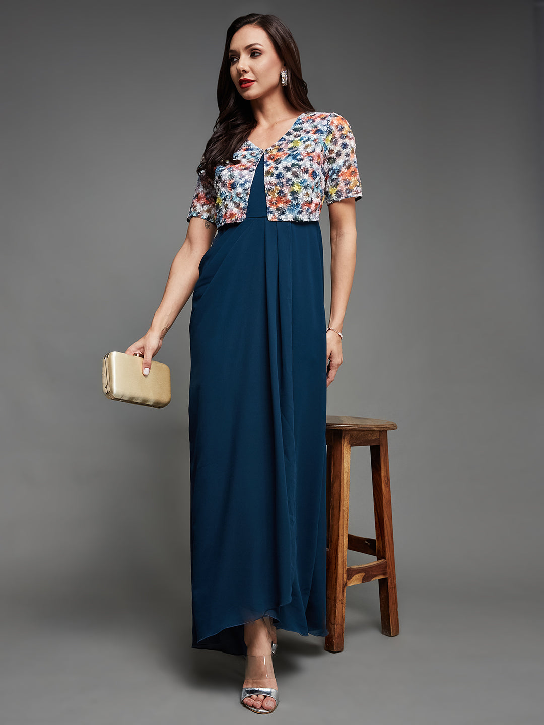 Teal Multicoloured Attached Short Sleeves Jacket Maxi Dress Long Dress Frock
