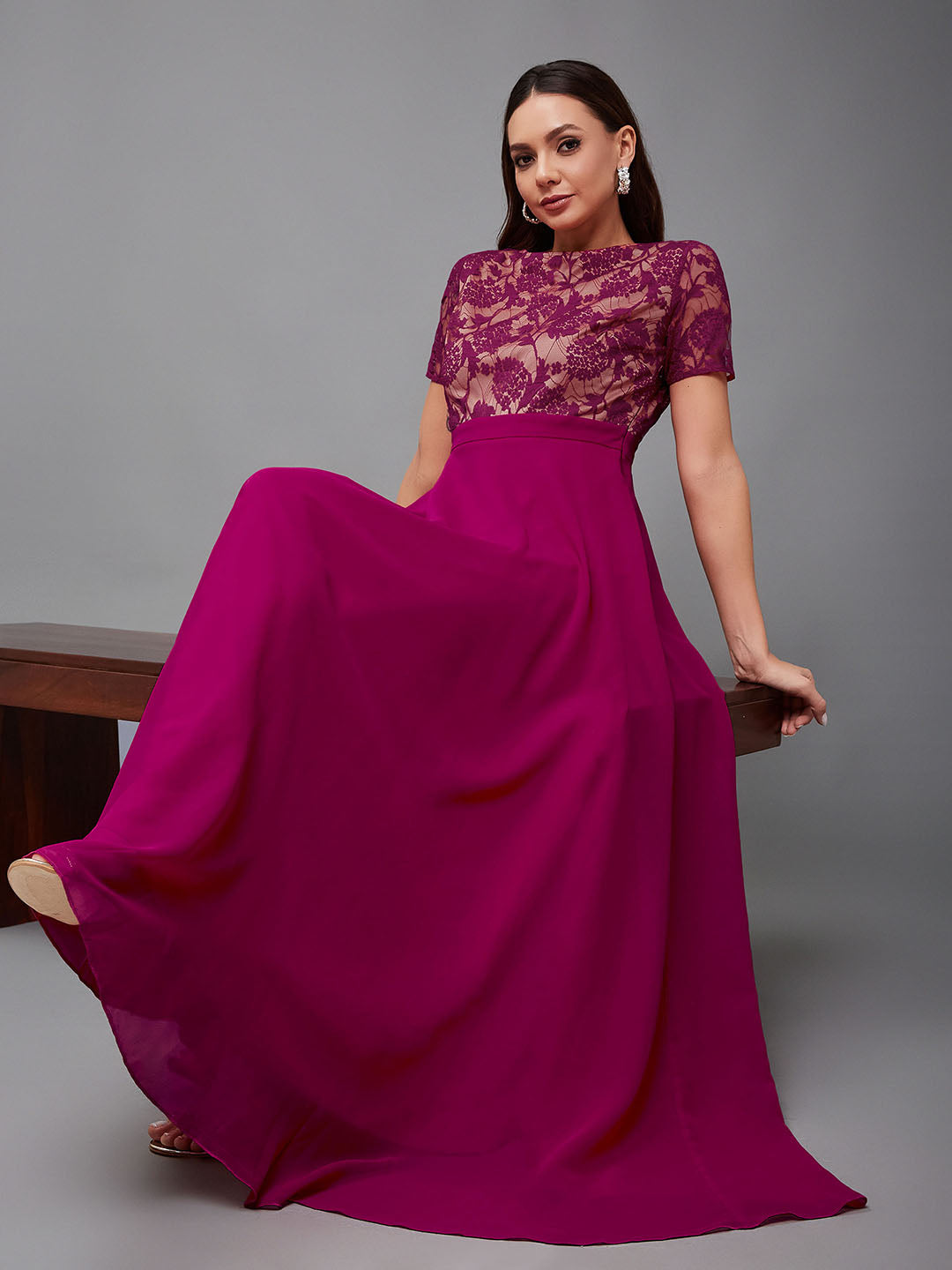 Women's Dark Pink Round Neck Half Sleeve Self-Designed Fit & Flare Georgette Maxi Dress