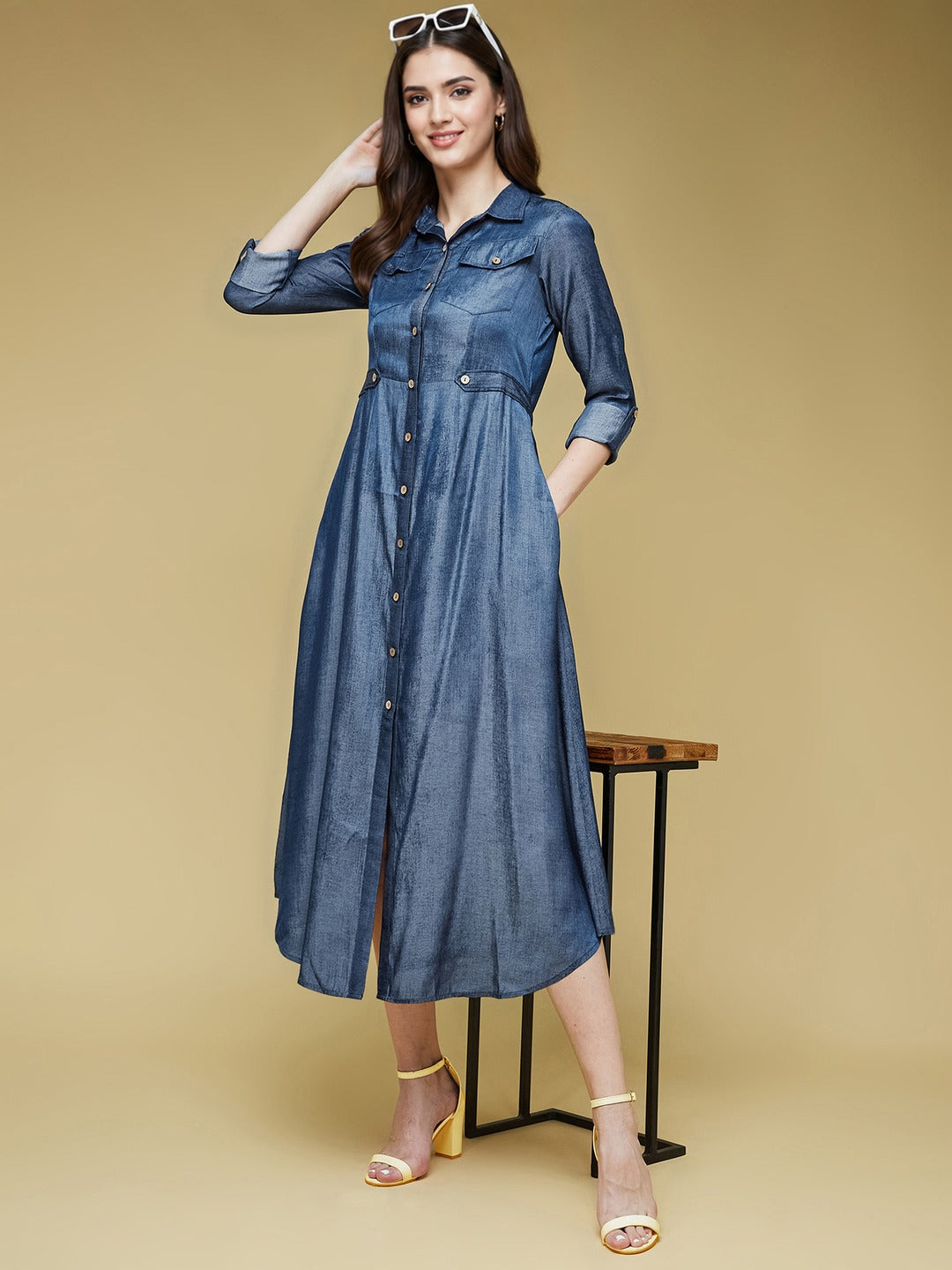 Blue Shirt Collar 3/4 Sleeve Solid Midi Polyester Shirt Dress for Women