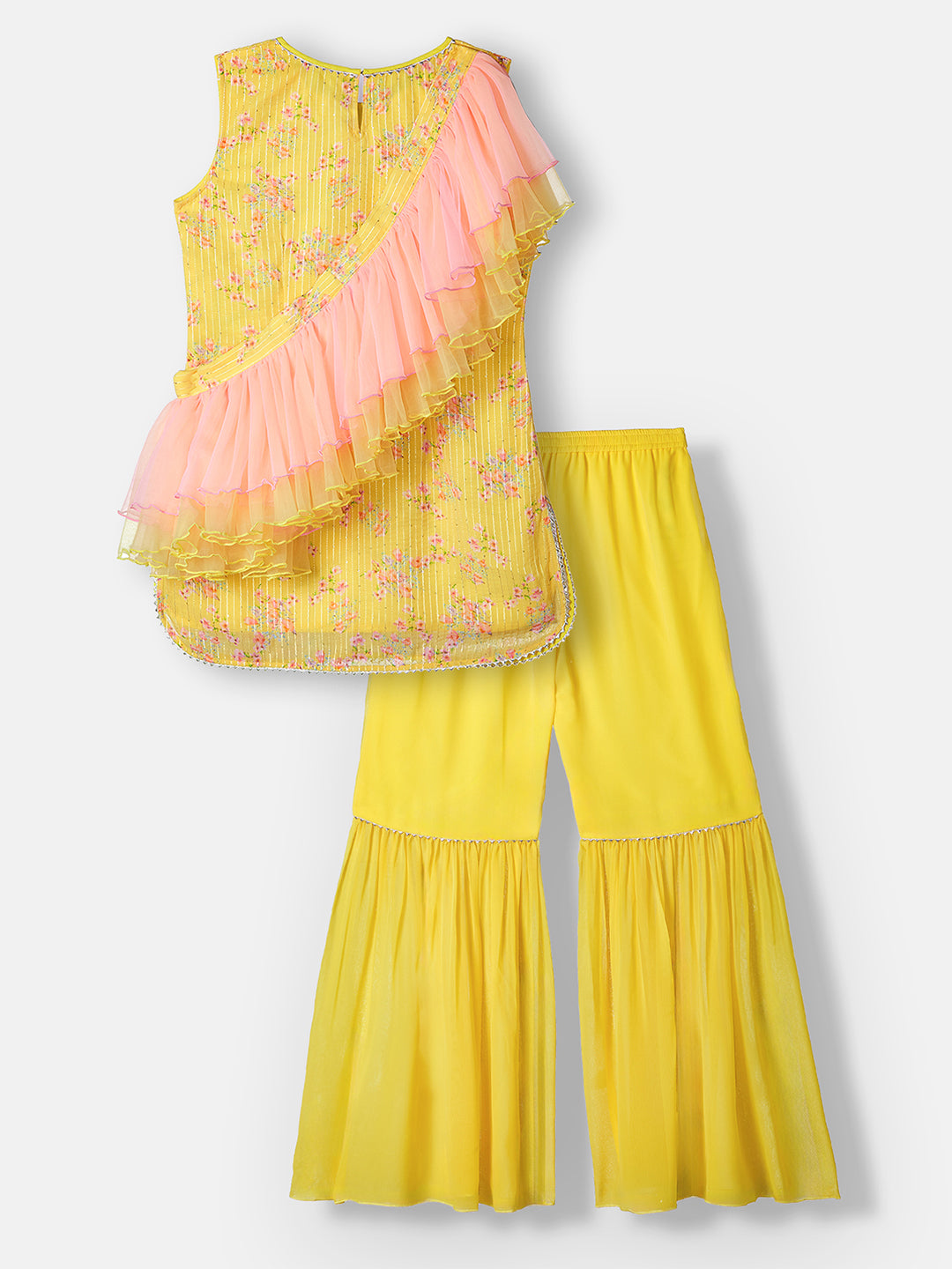 Multicolored-Base-Yellow Round Sleeveless Embellished Short-Sleeve Regular-Length Kurta Set