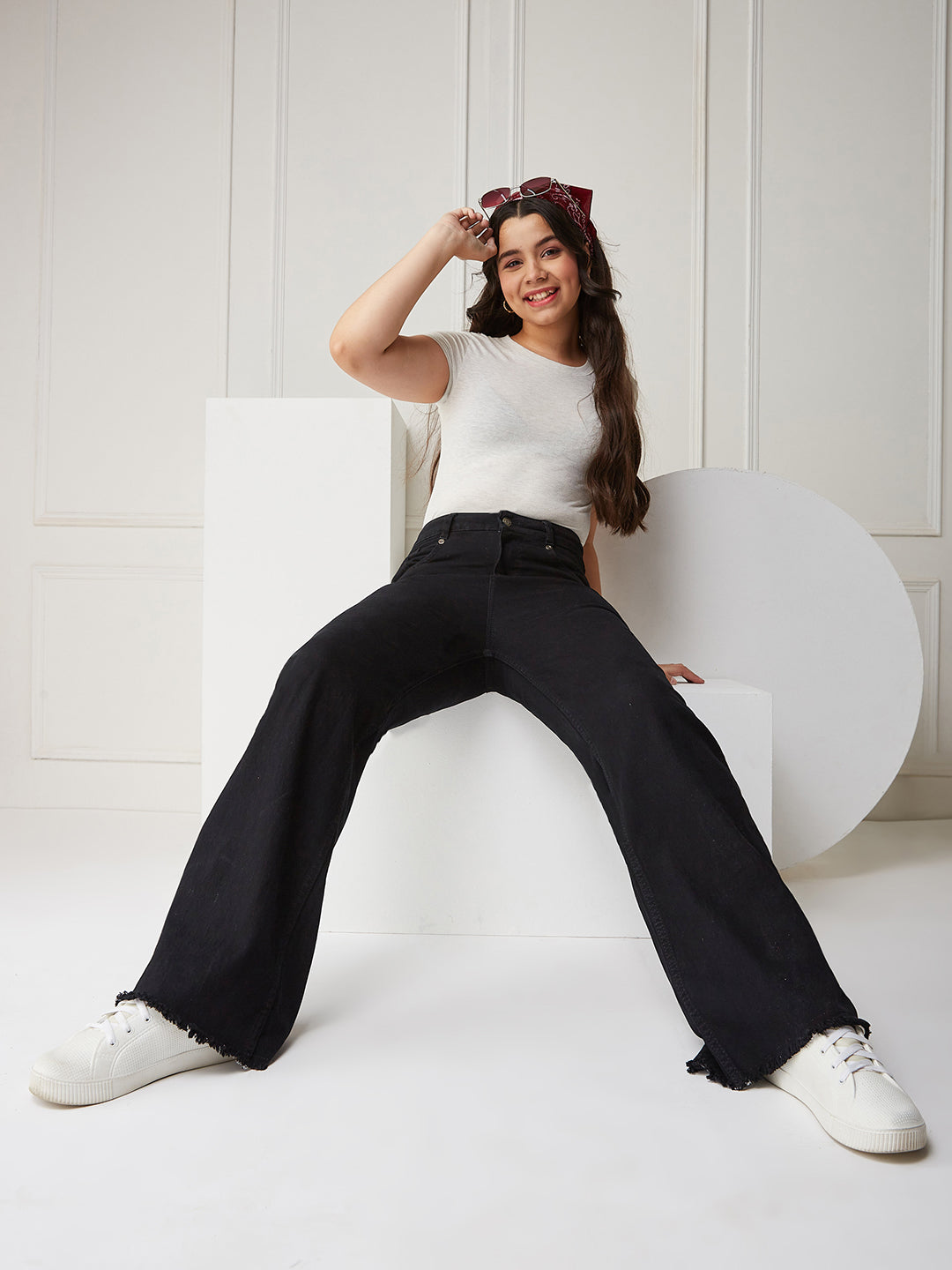 Black High-Rise Stretchable Wide-Leg Denim Jeans for Girls/Teenagers
