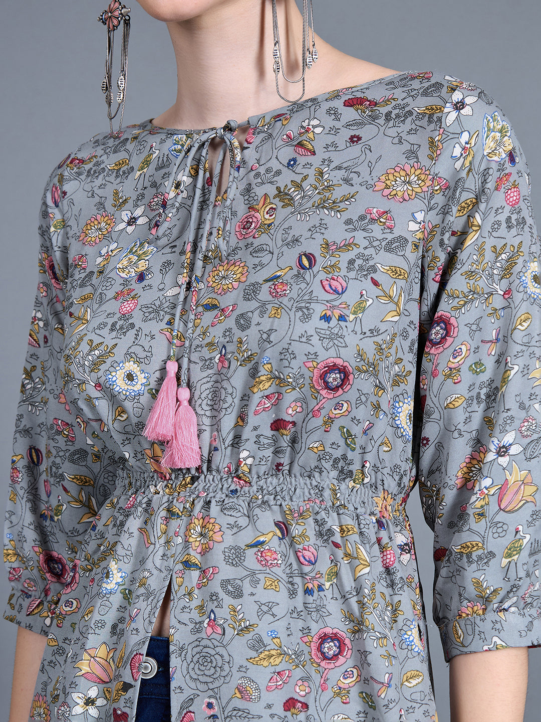 Women's Multicolored-Base-Grey Round neck 3/4th Sleeve Floral Elasticated Maxi Top