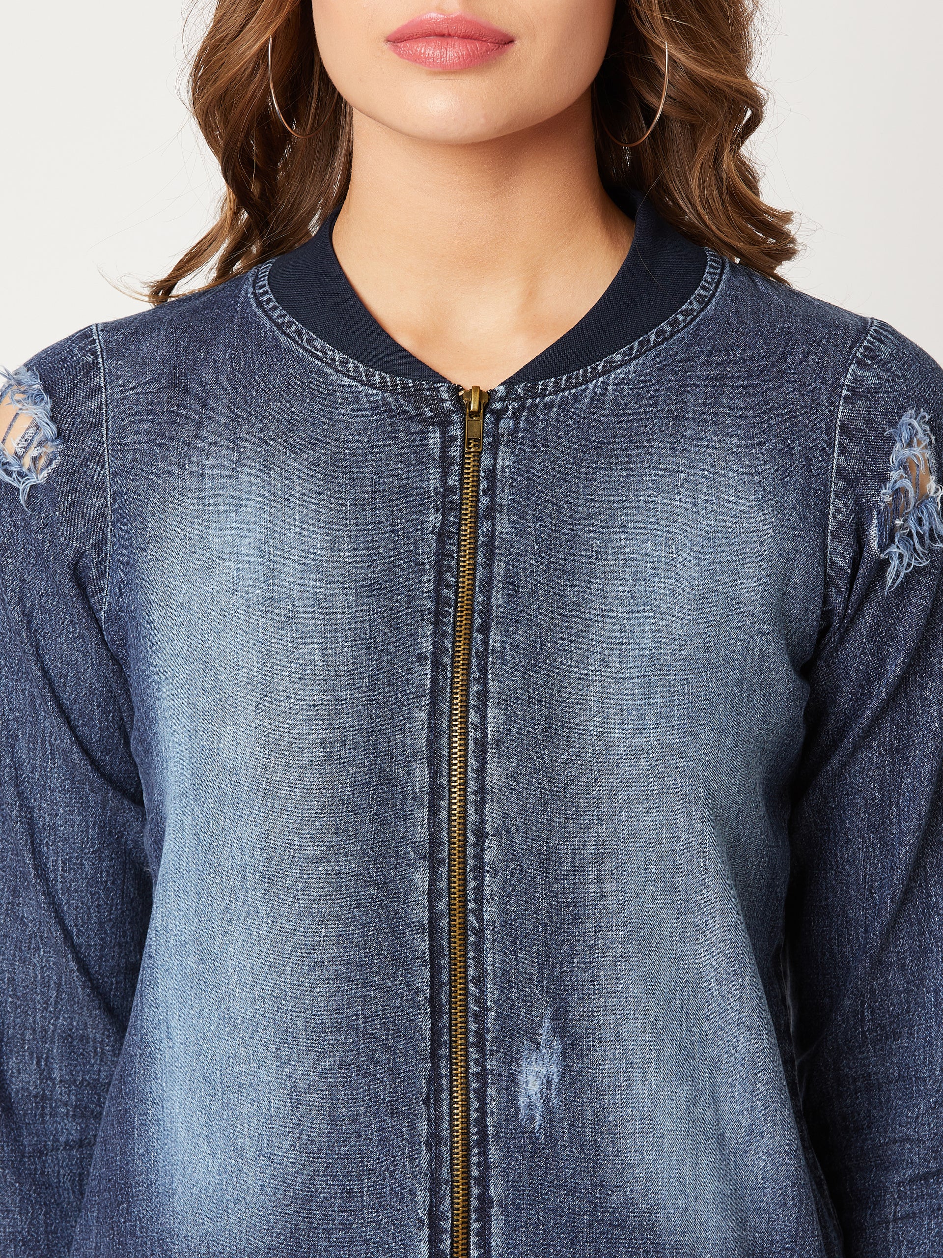 Women's Navy Blue V-Neck Full Sleeve Solid Ripped Bomber Regular Length Denim Jacket
